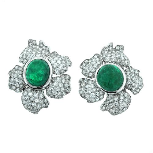 Art Deco French Platinum 10.50 Ct. Diamond & Emerald Flower Earrings