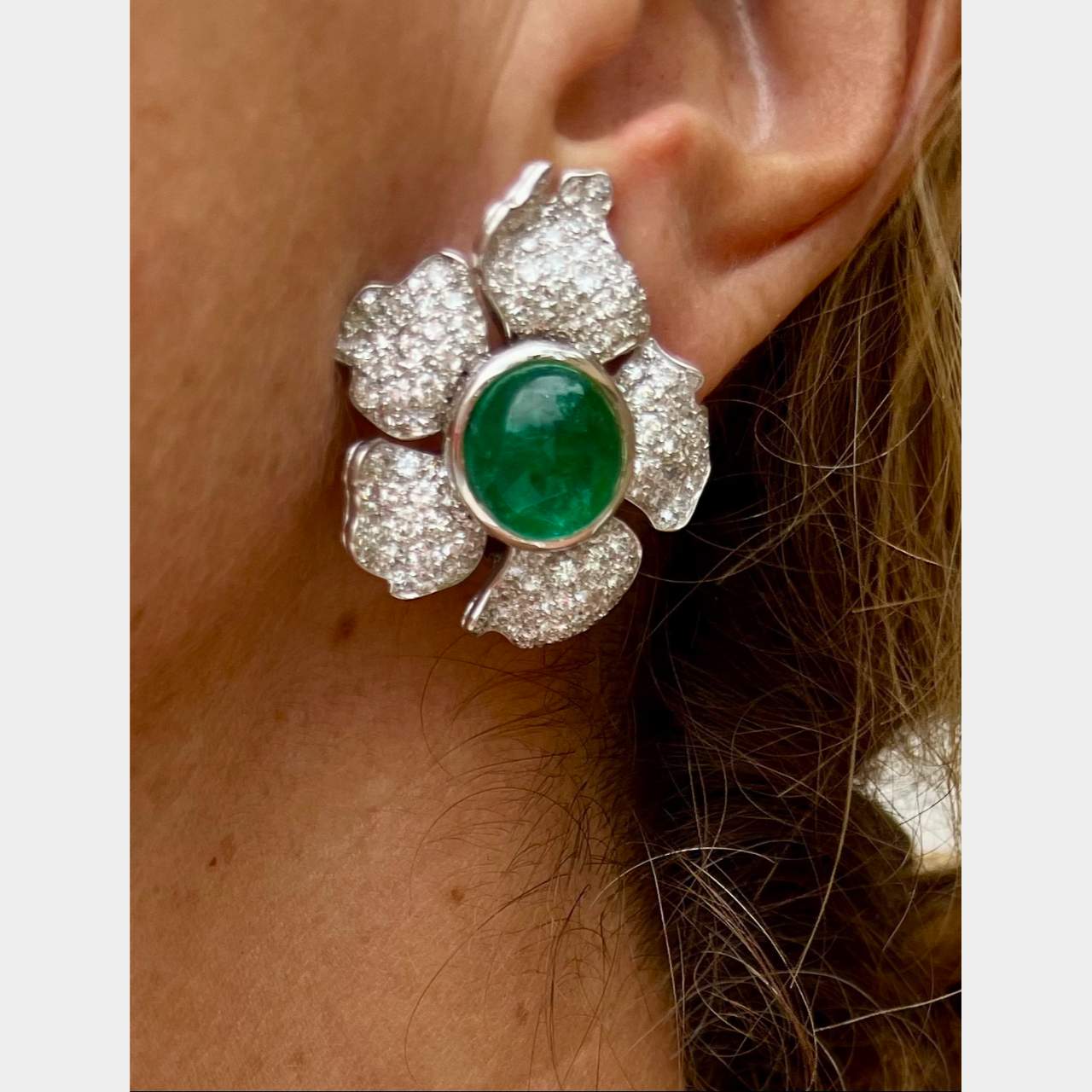 Art Deco French Platinum 10.50 Ct. Diamond & Emerald Flower Earrings