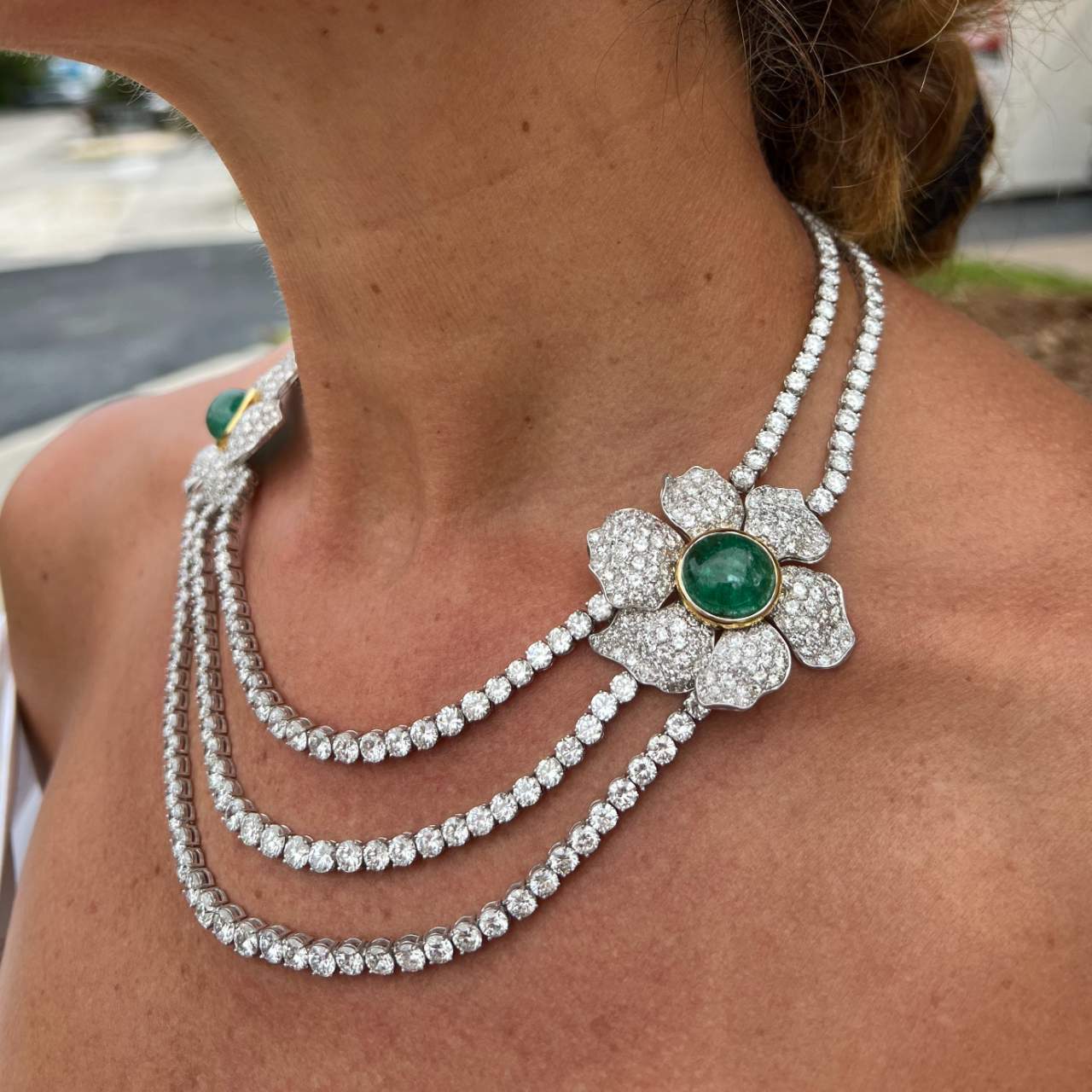 Platinum & 18K Yellow Gold Diamond and Emerald Flower Necklace