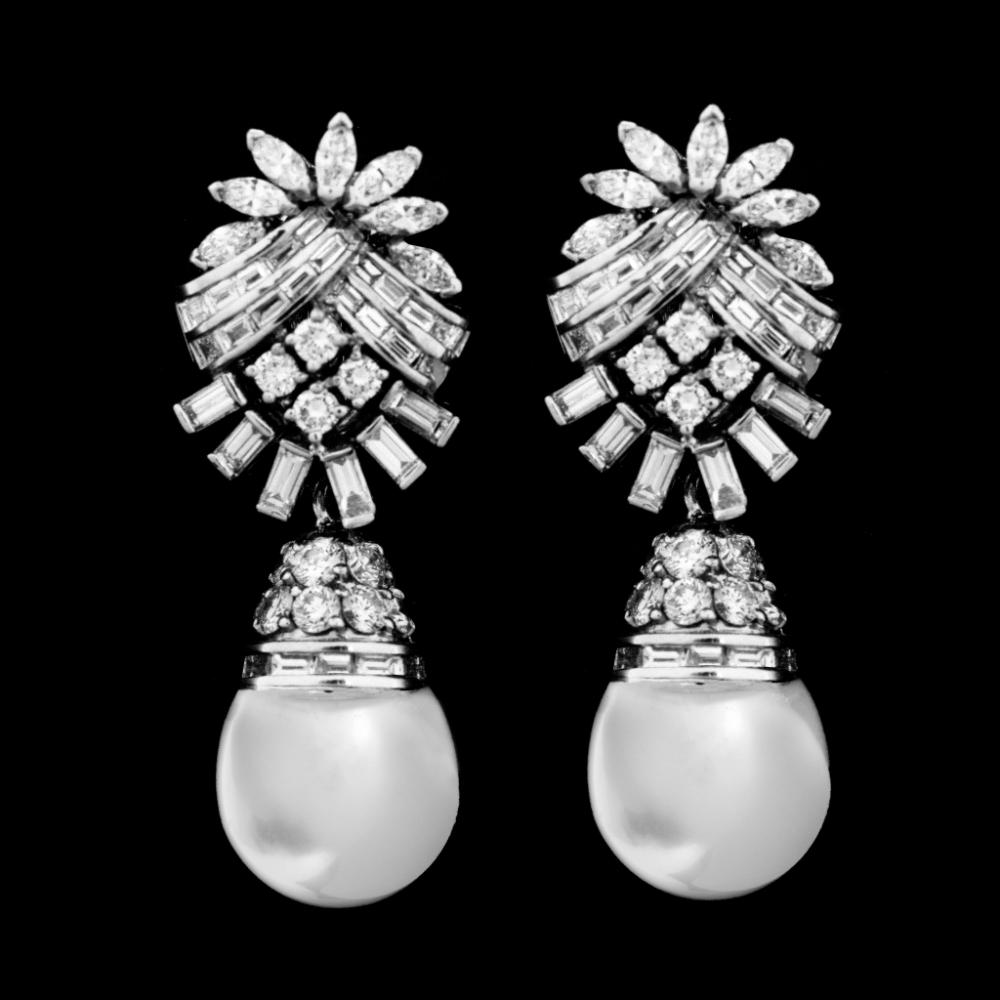 Art Deco Platinum South Sea Pearl & Diamond Earrings