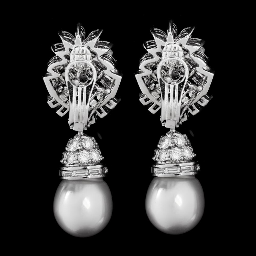 Art Deco Platinum South Sea Pearl & Diamond Earrings