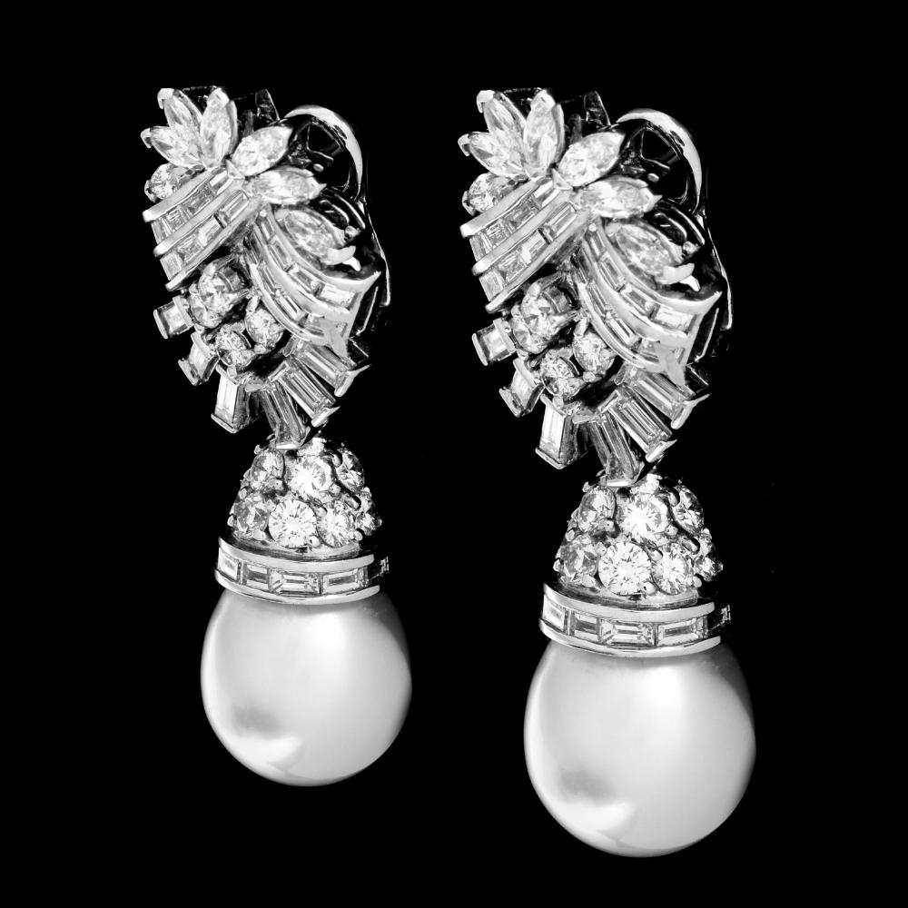 Art Deco Platinum South Sea Pearl & Diamond Earrings