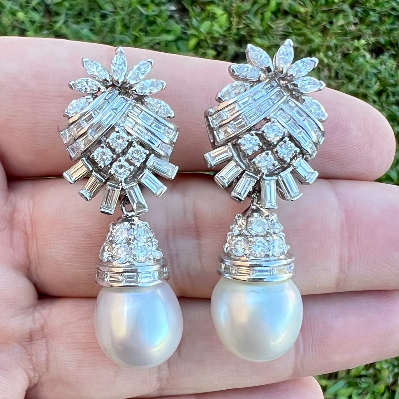 Art Deco Platinum South Sea Pearl & Diamond Earrings