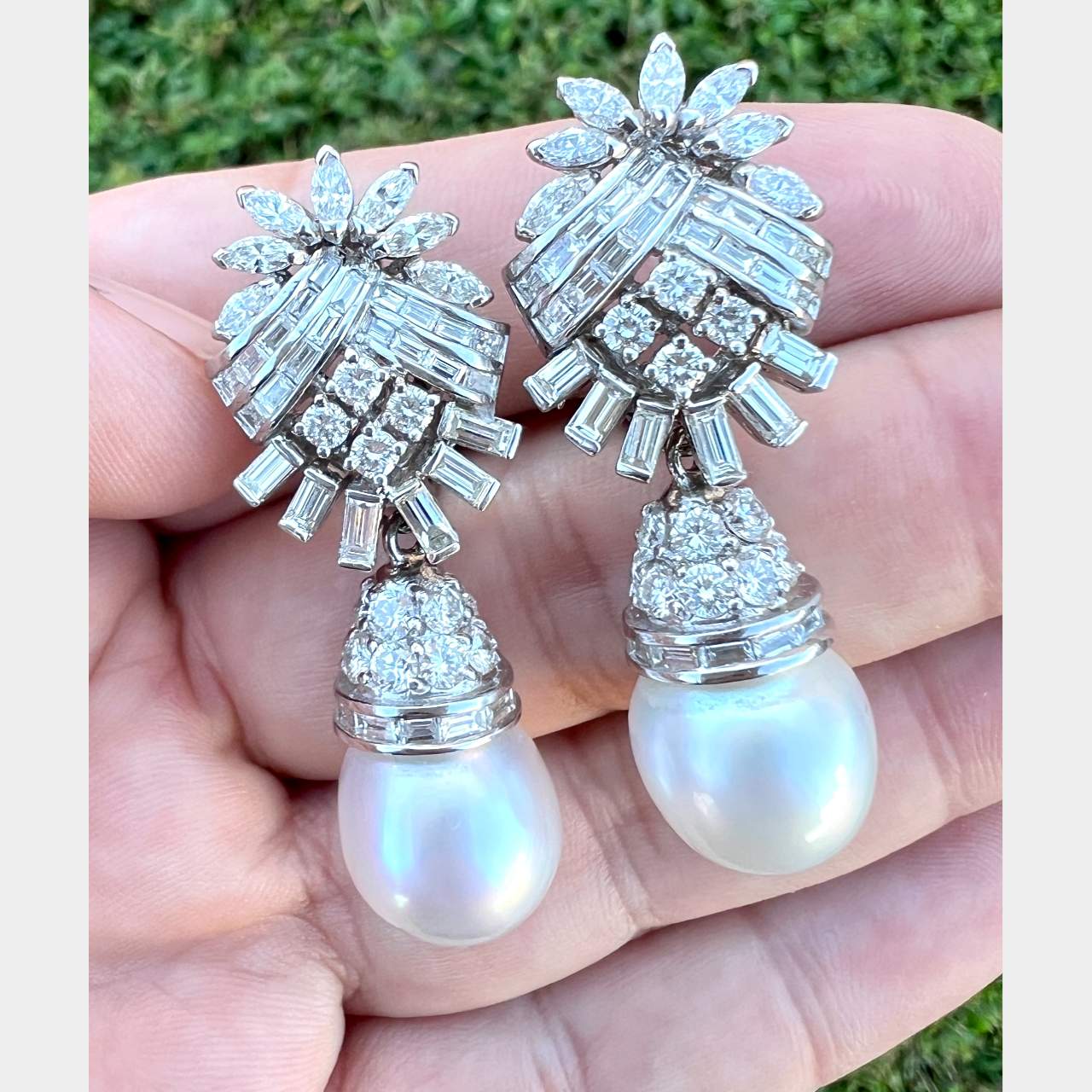Art Deco Platinum South Sea Pearl & Diamond Earrings