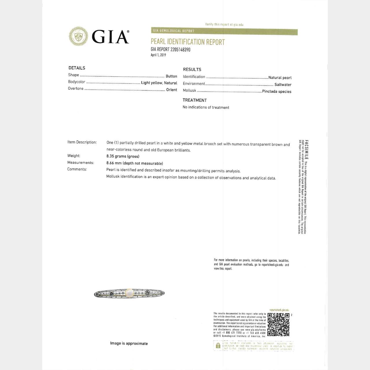 GIA Certified Natural Pearl & Diamond Pin