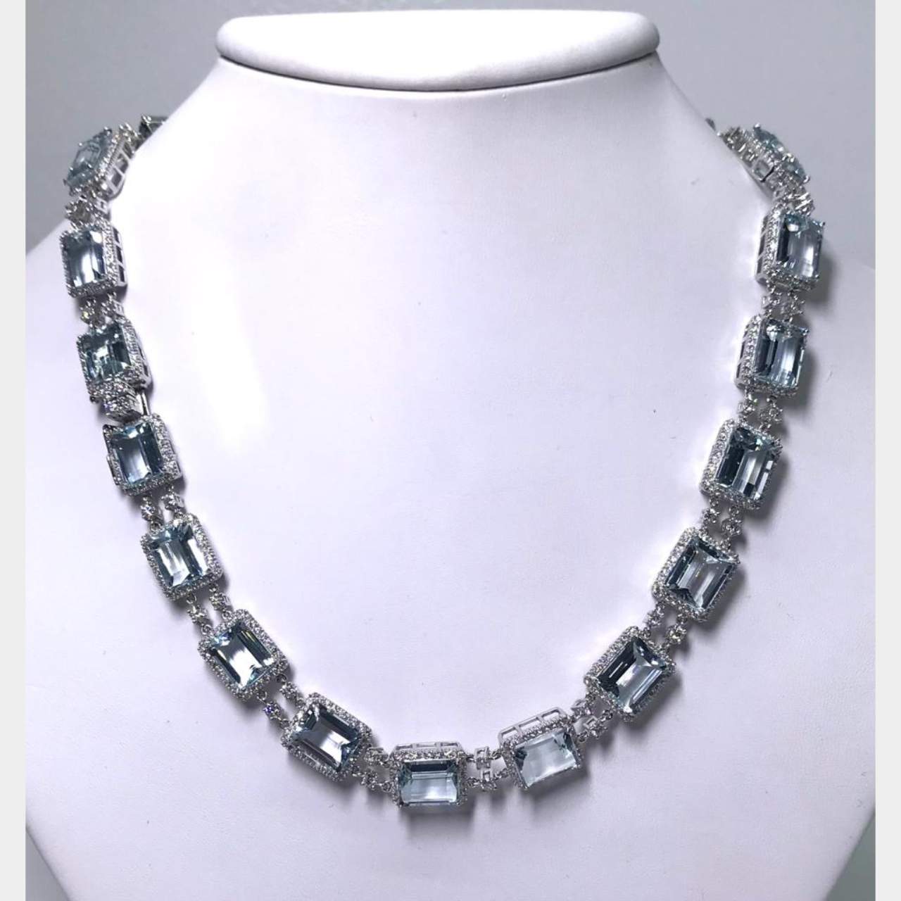 18K White Gold Aqumarine and Diamond Necklace