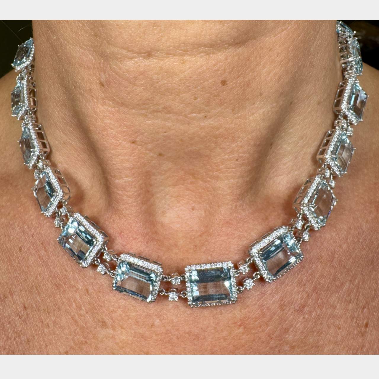18K White Gold Aqumarine and Diamond Necklace
