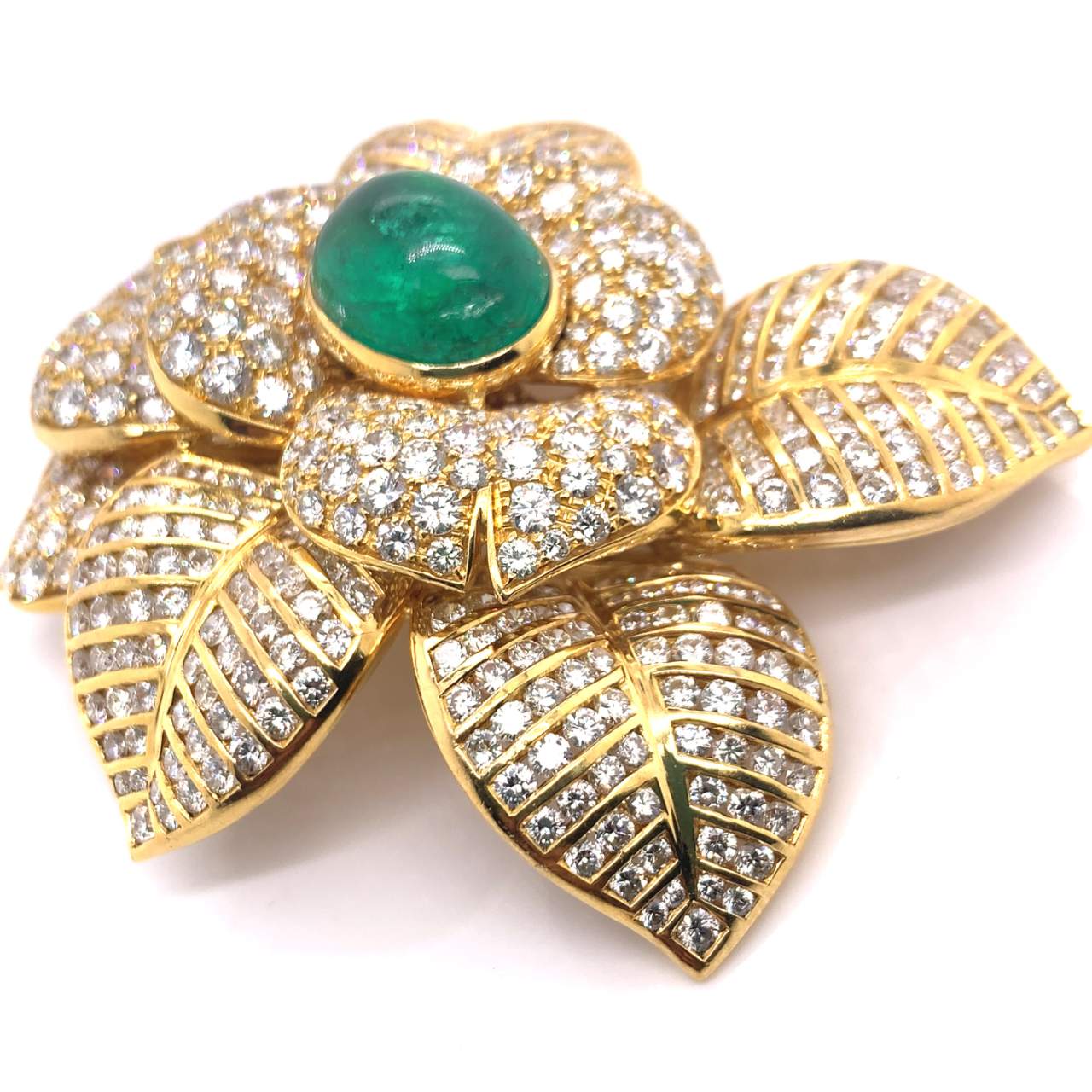 18K Yellow Gold Emerald & Diamond Flower Brooch