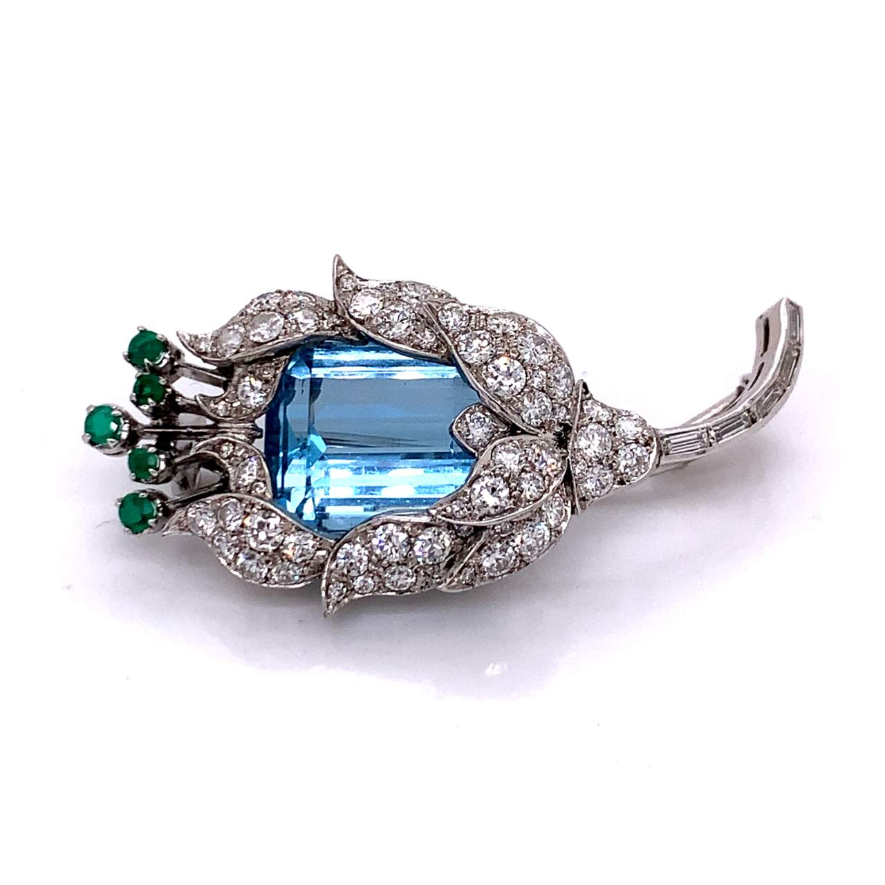 Platinum Aquamarine, Emerald, and Diamond Brooch