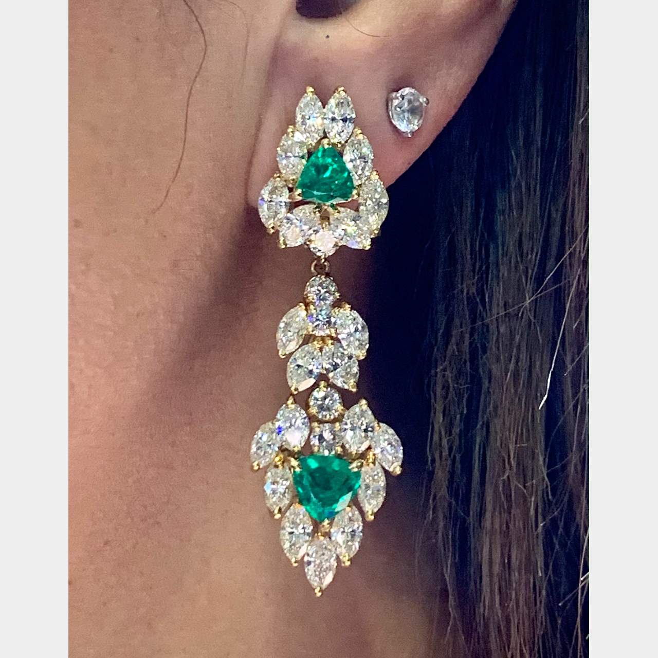 18K Yellow Gold Emerald and Diamond Earrings