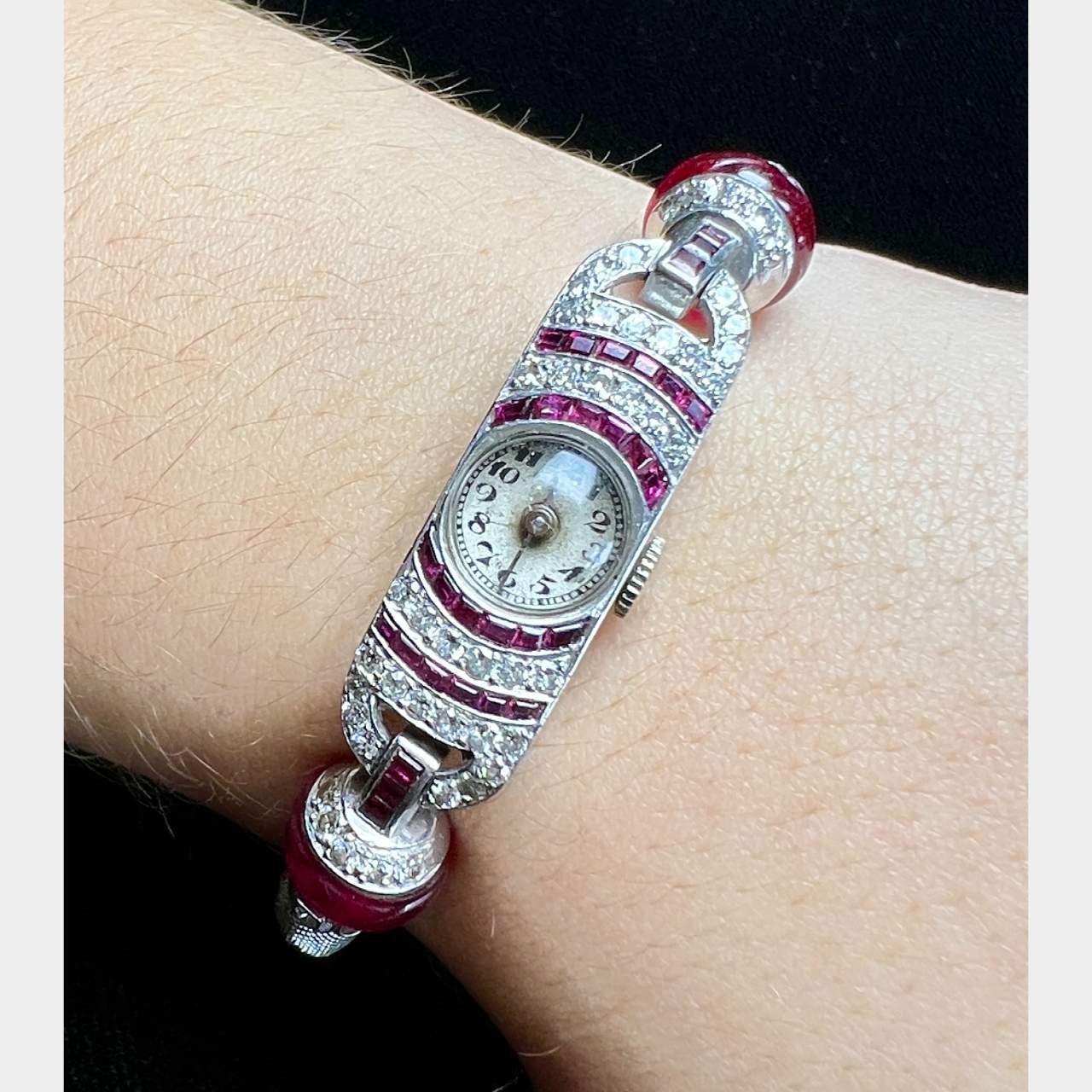 Antique Art Deco Platinum Diamond and Ruby Cocktail Watch