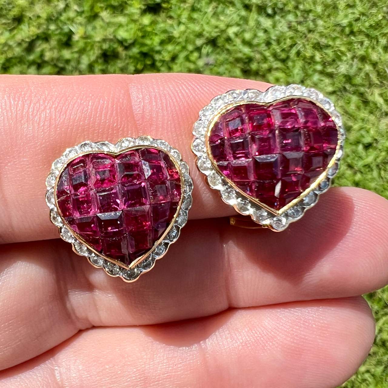 18K Yellow Gold Ruby and Diamond Heart Earrings