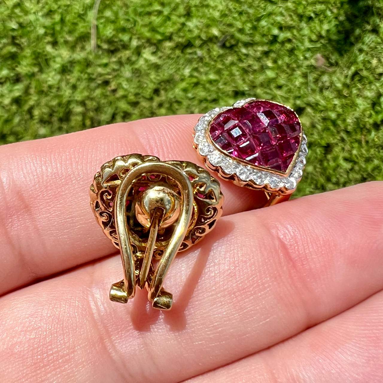 18K Yellow Gold Ruby and Diamond Heart Earrings