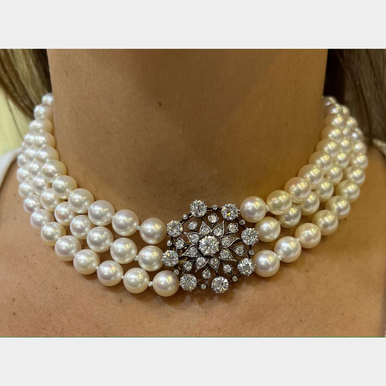 Victorian Gold & Silver Topped 3-Strand Pearl Necklace