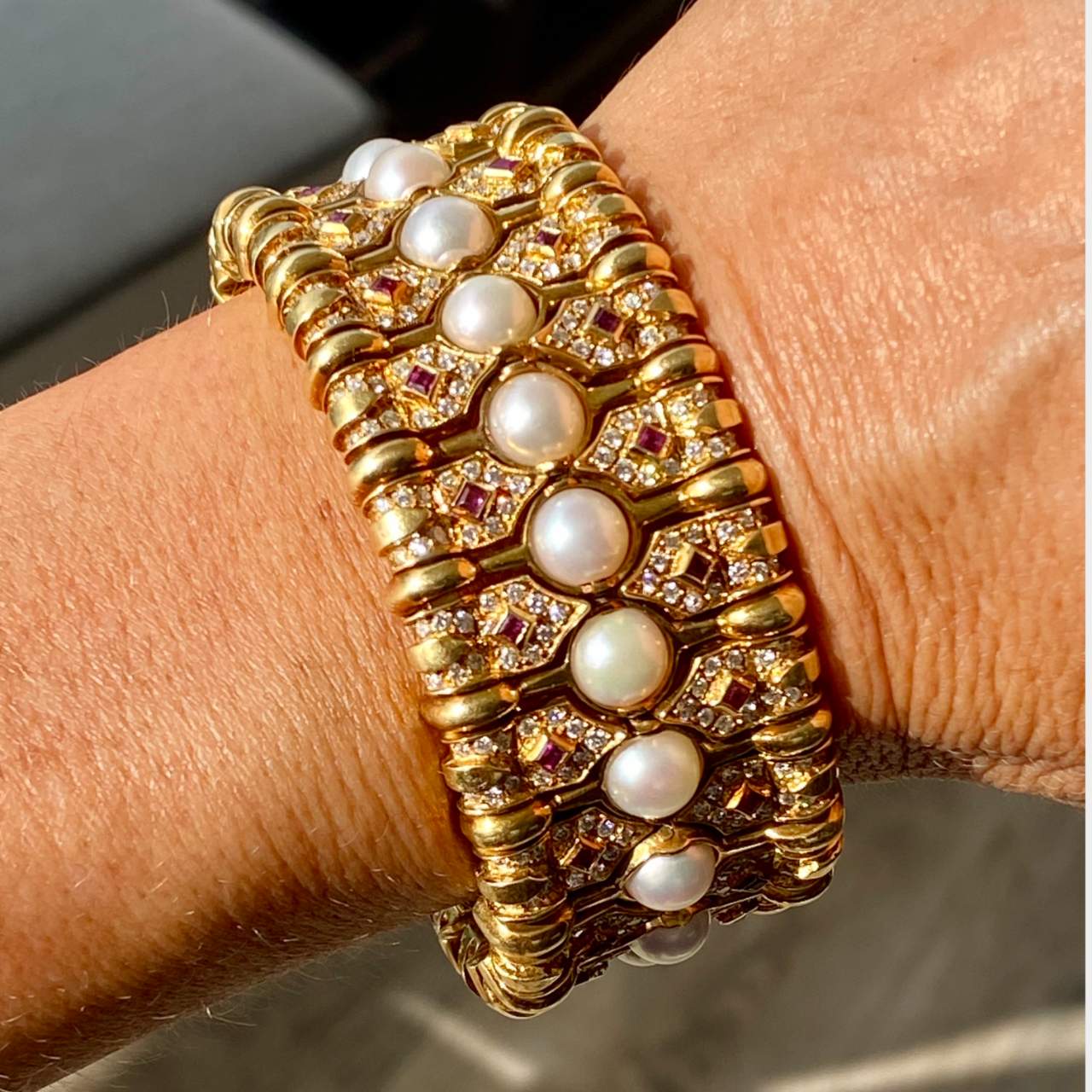 18K Yellow Gold Diamond Ruby and Pearl Bangle