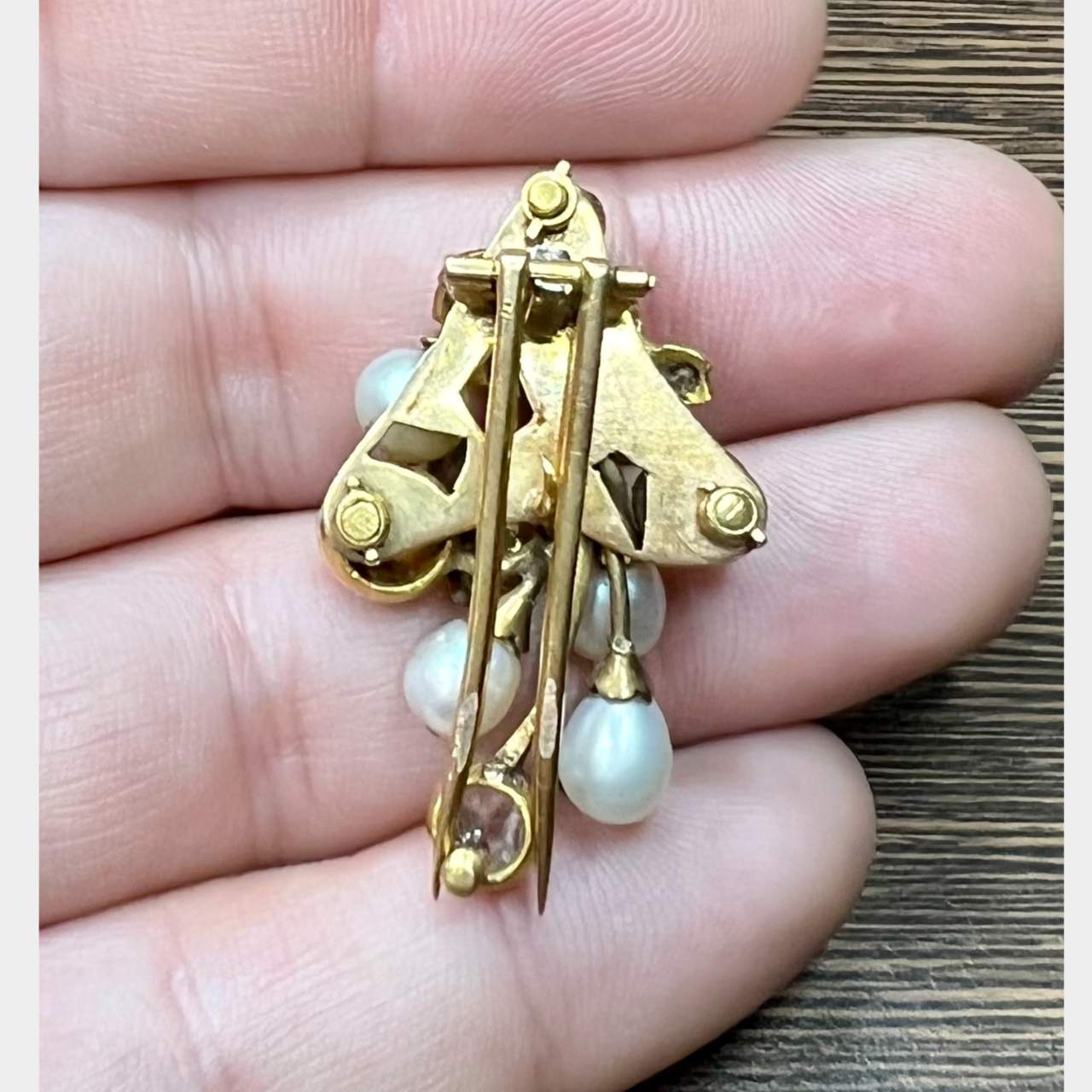 18K Yellow Gold Natural Pearl and Diamond Brooch