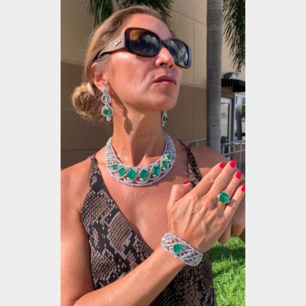 18K & Platinum Emerald and Diamond Earring, Necklace, and Bracelet Set
