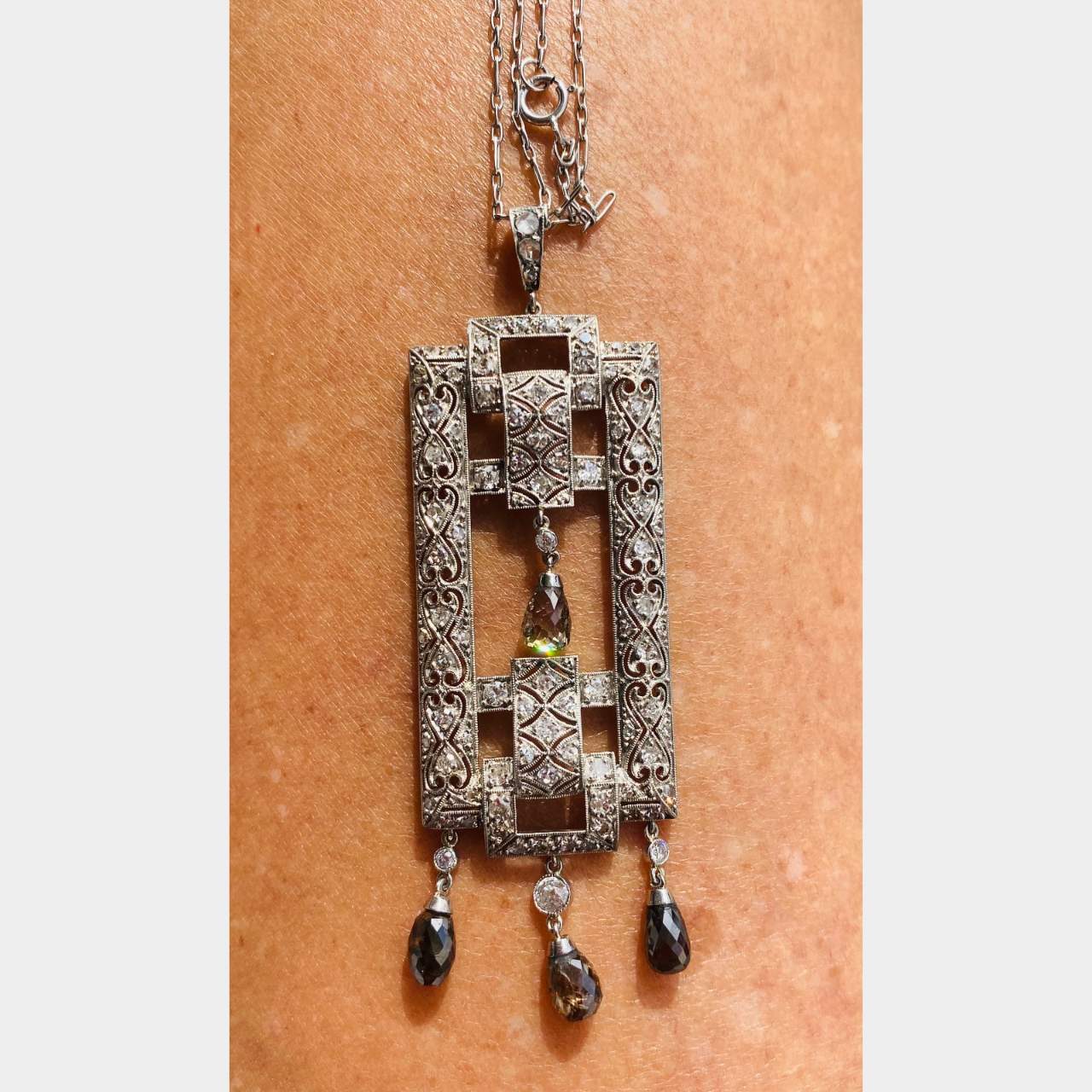 Art Deco Platinum Diamond Pendant and Chain