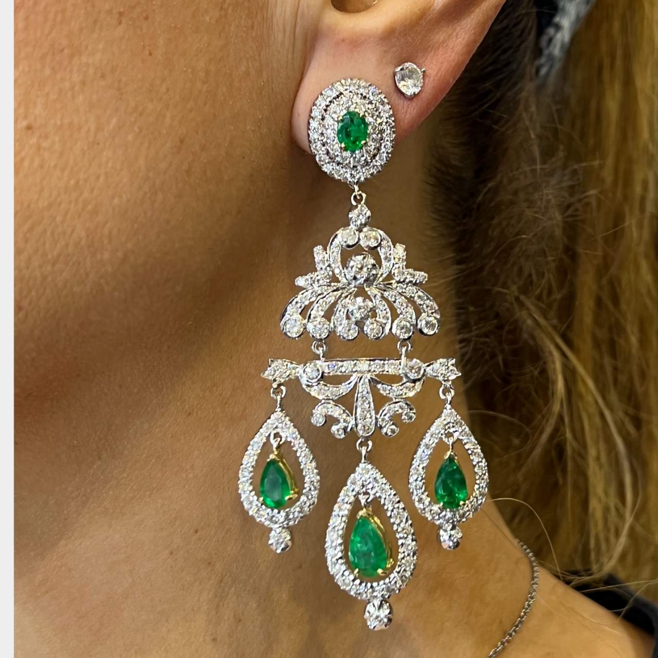 18K White & Yellow Gold Emerald and Diamond Chandelier Earrings