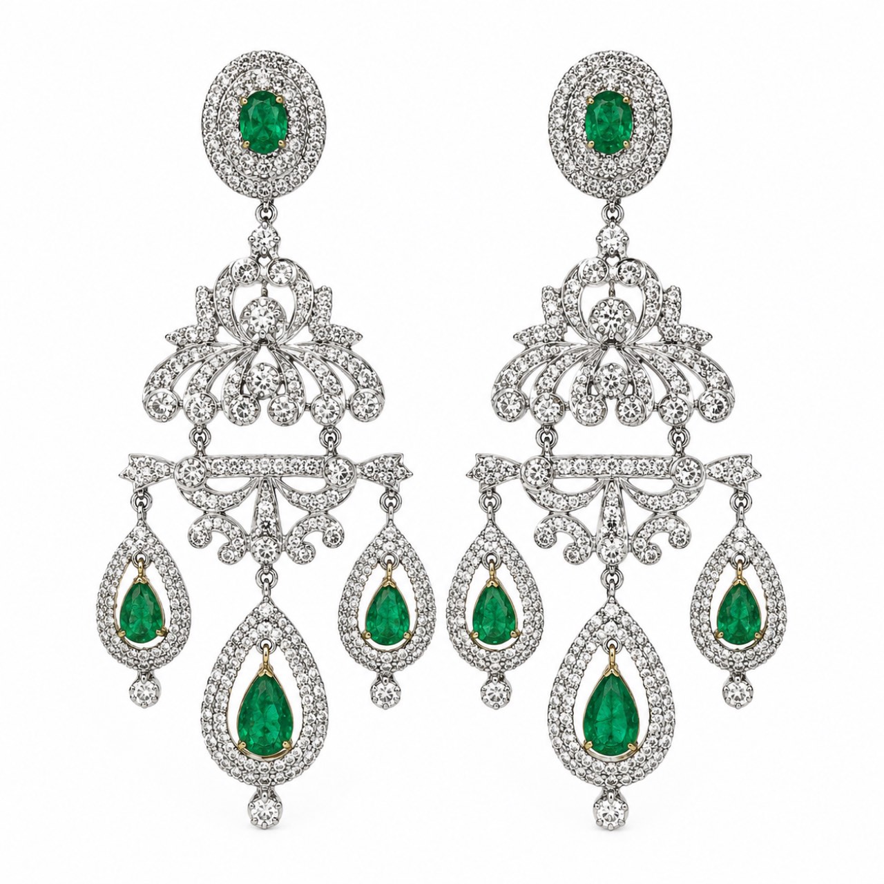 18K White & Yellow Gold Emerald and Diamond Chandelier Earrings