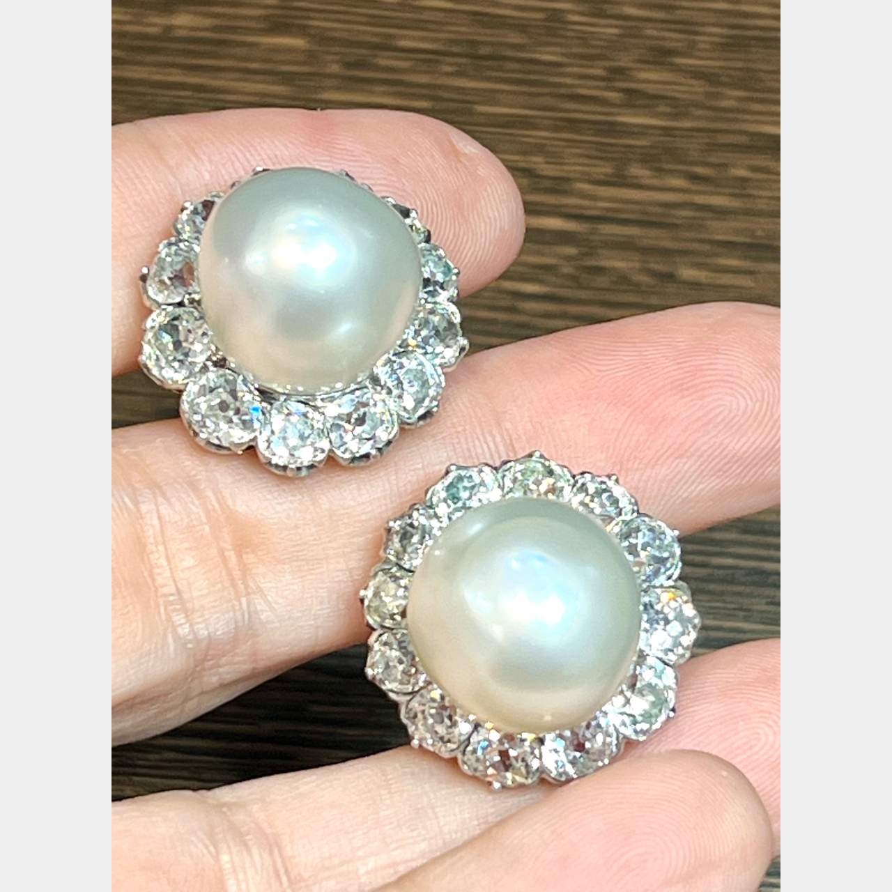 French 18K Yellow Gold & Platinum South Sea Pearl and Diamond Earrings
