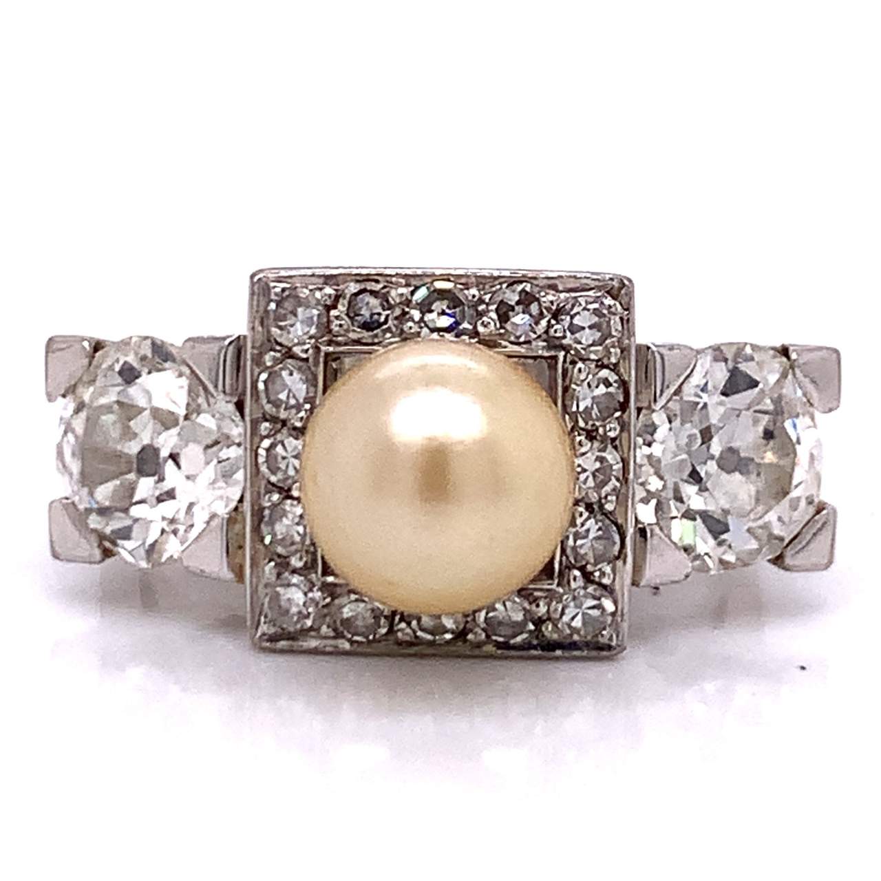 Art Deco Platinum Natural Pearl and Diamond Ring