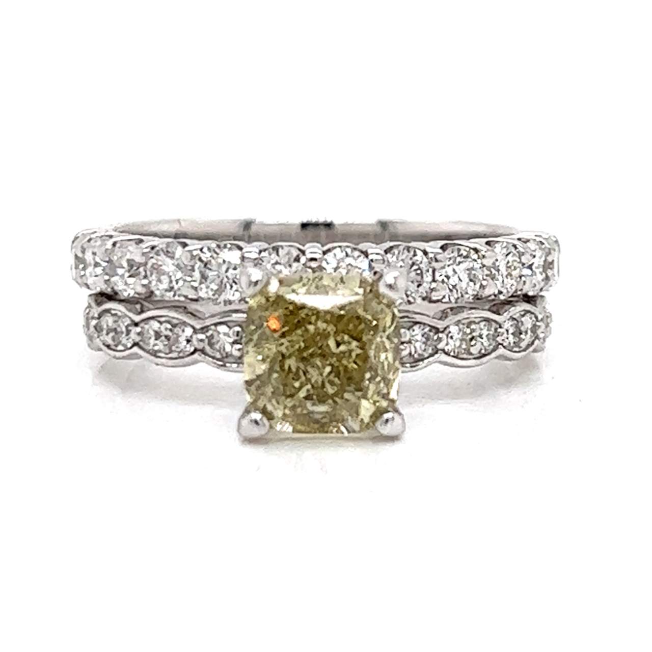 14K White Gold GIA Certified Fancy Diamond Ring w/ Anniversary Band