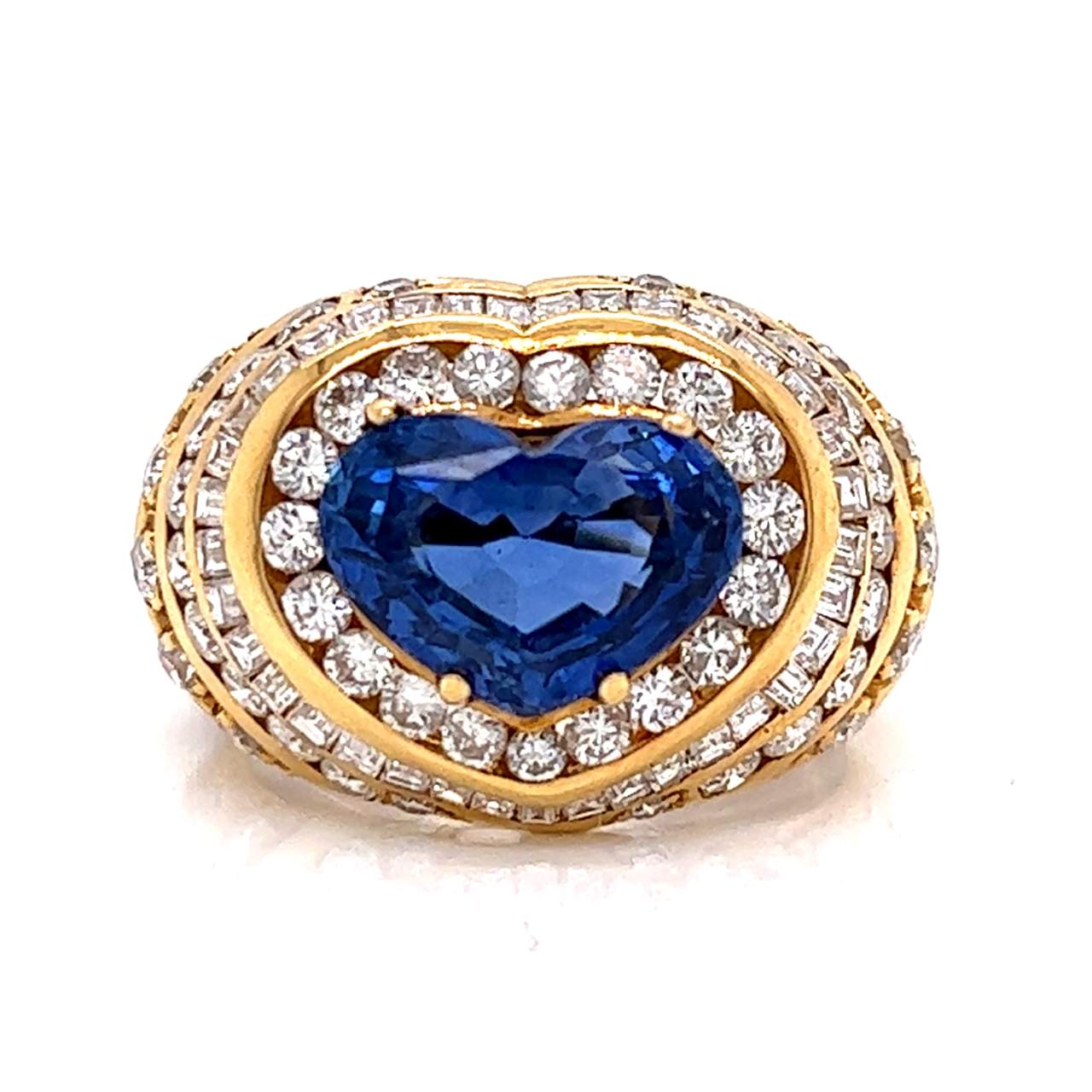 18K Yellow Gold Heart Sapphire and Diamond Ring