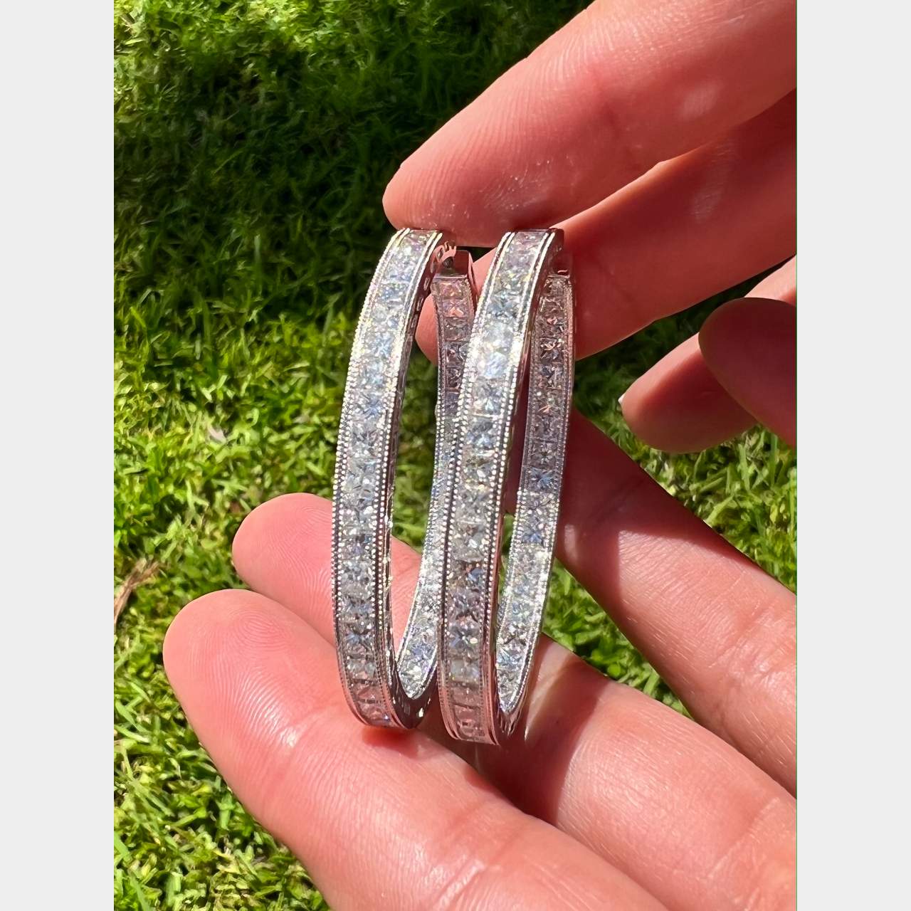 18K White Gold 12.76 Ct. Channel Set Diamond Hoop Earrings
