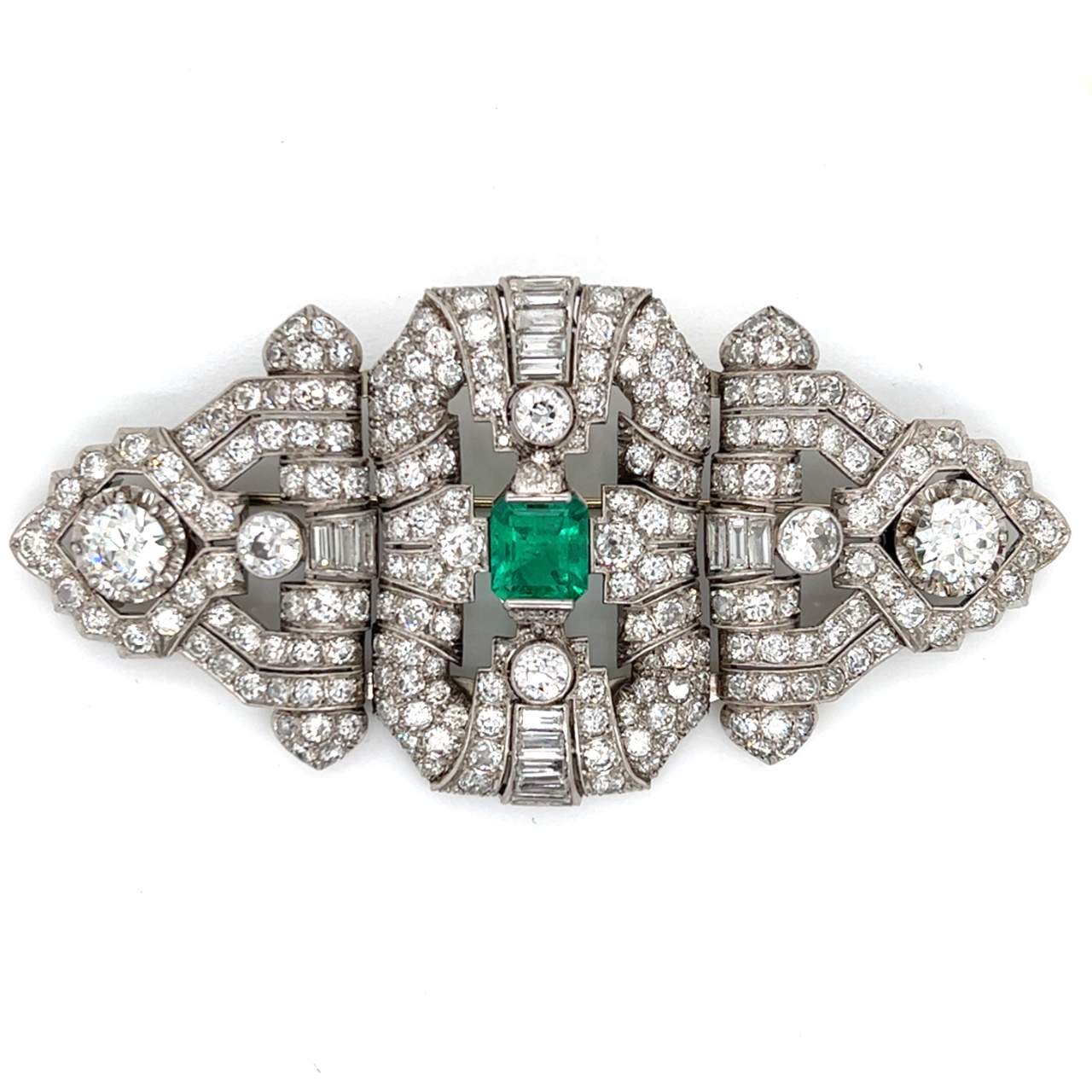 Art Deco Platinum Emerald & Diamond Brooch