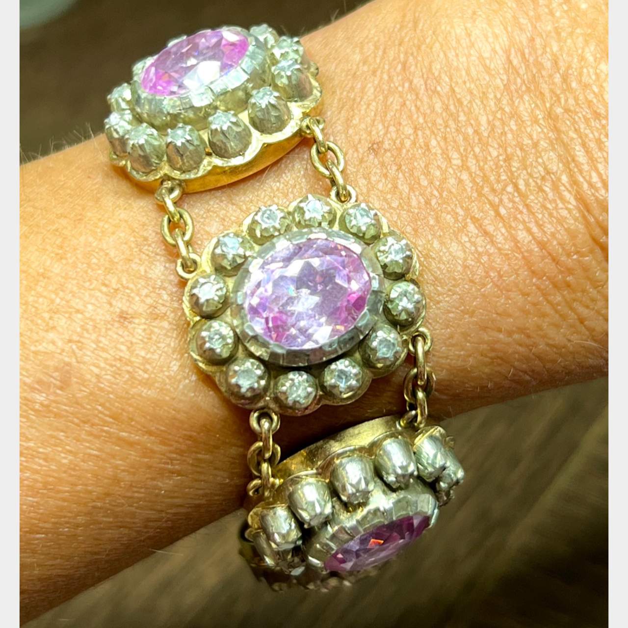 18K Yellow Gold & Silver Pink Quartz and Diamond Bracelet