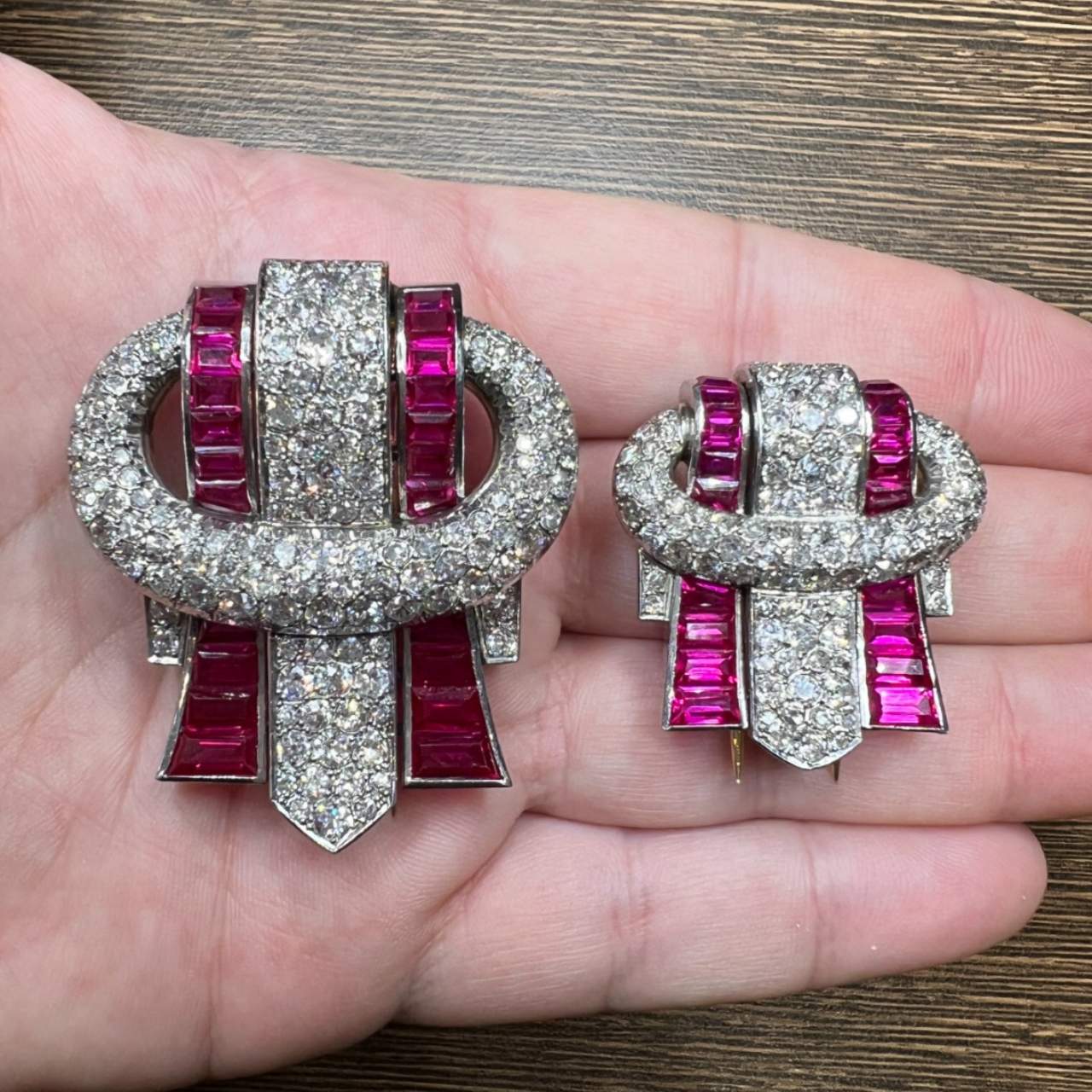 Incredible Art Deco Platinum Diamond & Synthetic Ruby Clips