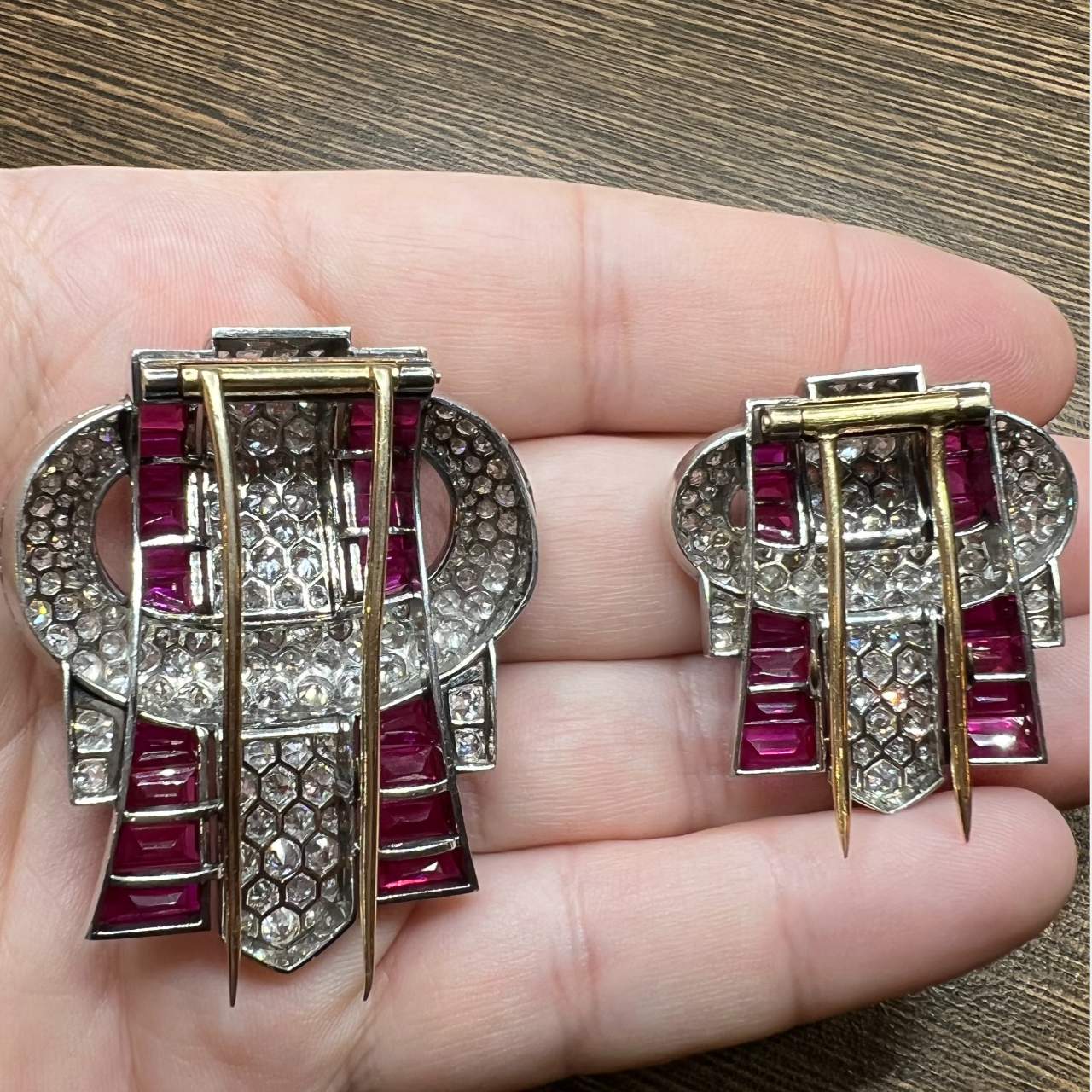 Incredible Art Deco Platinum Diamond & Synthetic Ruby Clips
