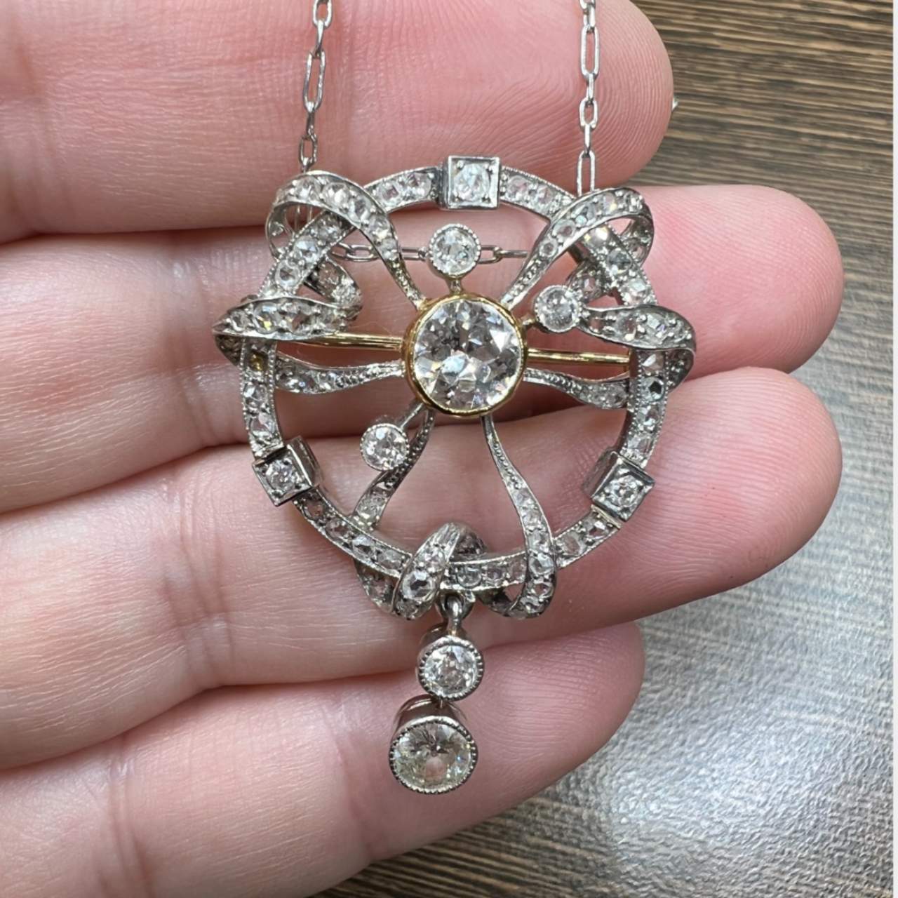 Art Deco Platinum & 18K Diamond Pendant/Brooch w/Chain
