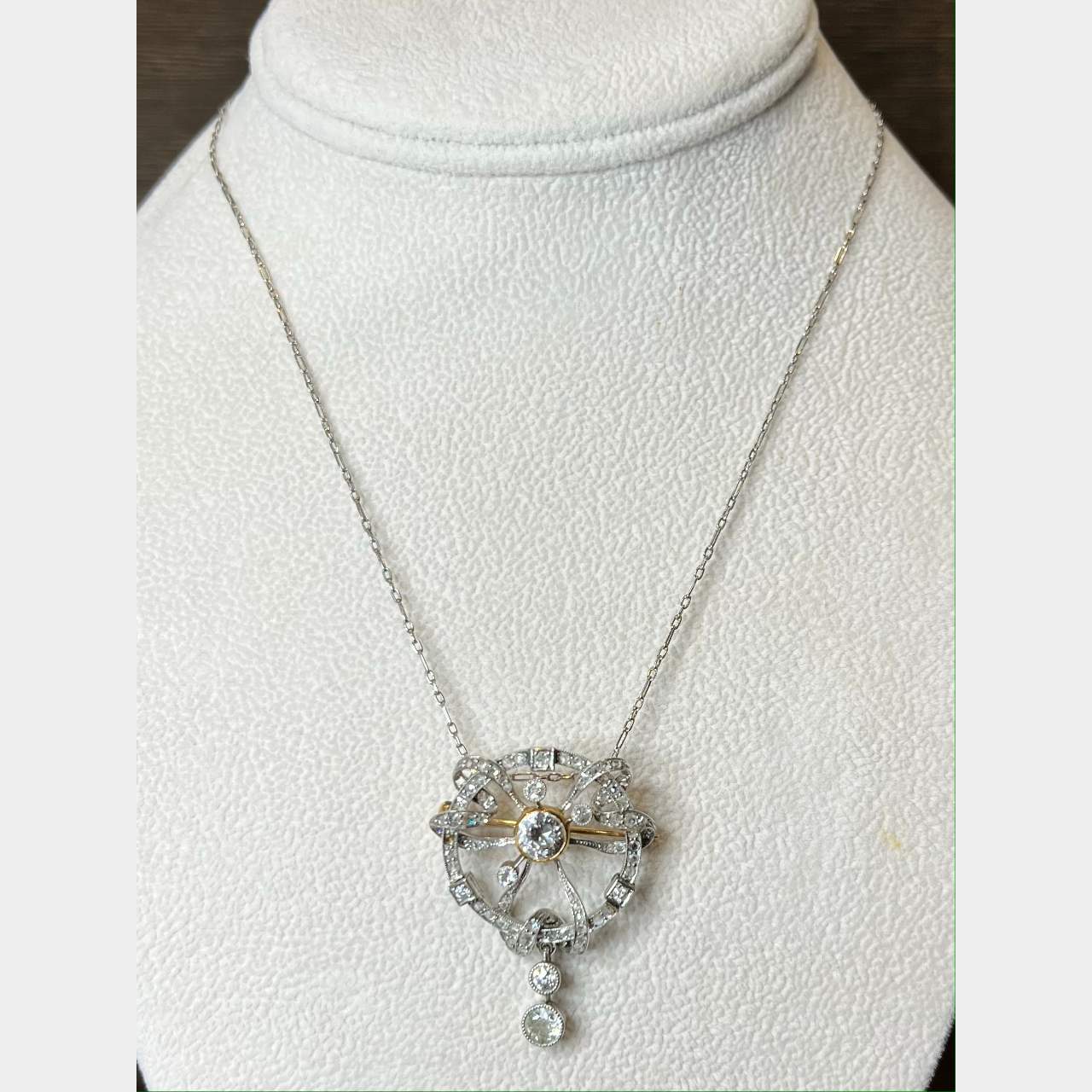 Art Deco Platinum & 18K Diamond Pendant/Brooch w/Chain