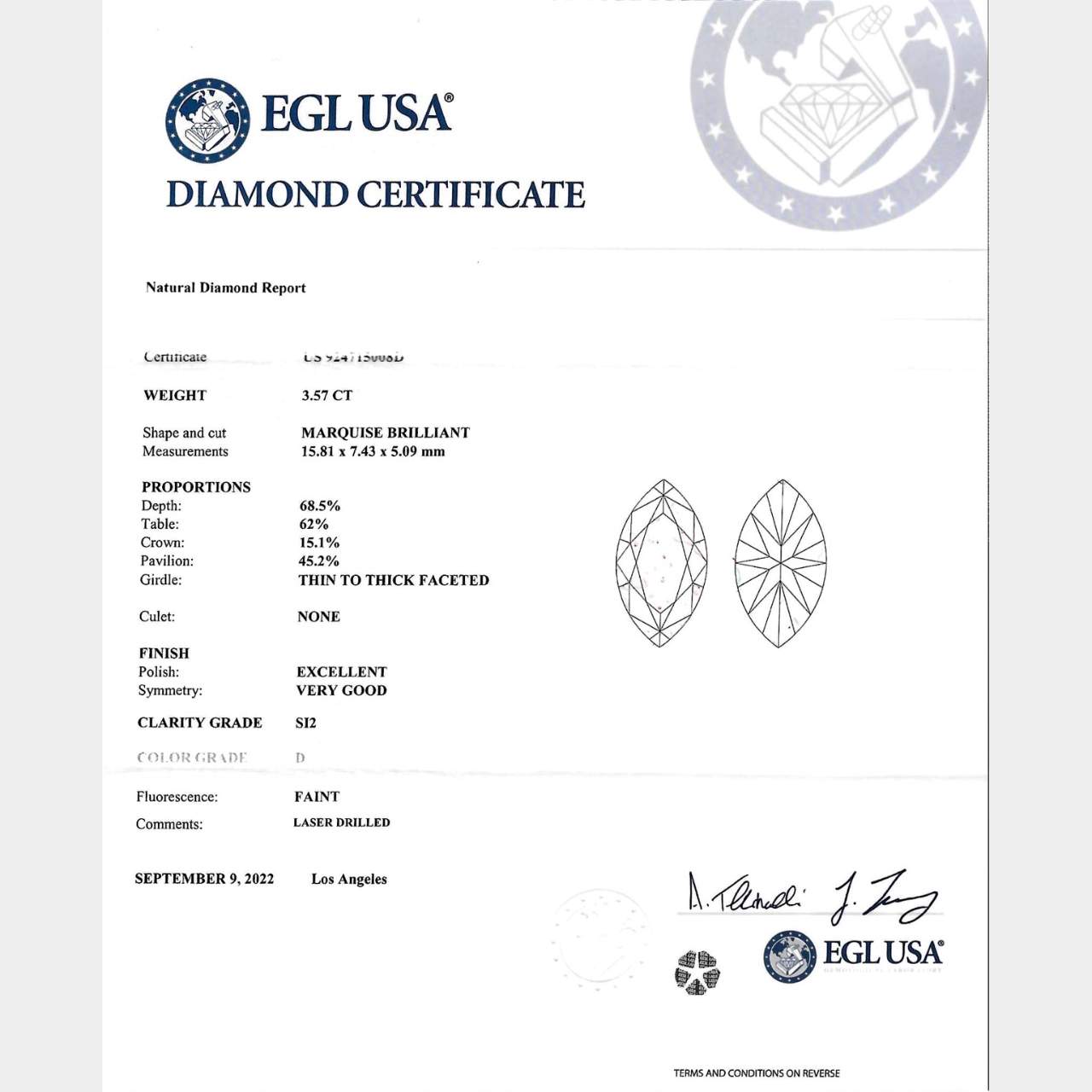 18K Yellow Gold EGL Certified 3.57 Ct. Diamond Ring