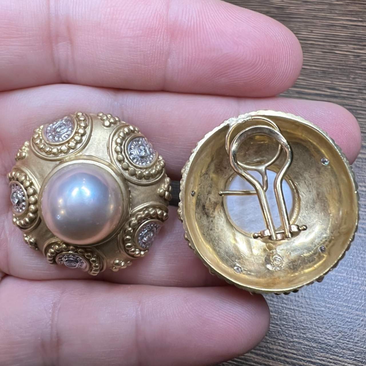 14K Yellow Gold Mabe Pearl & Diamond Earrings