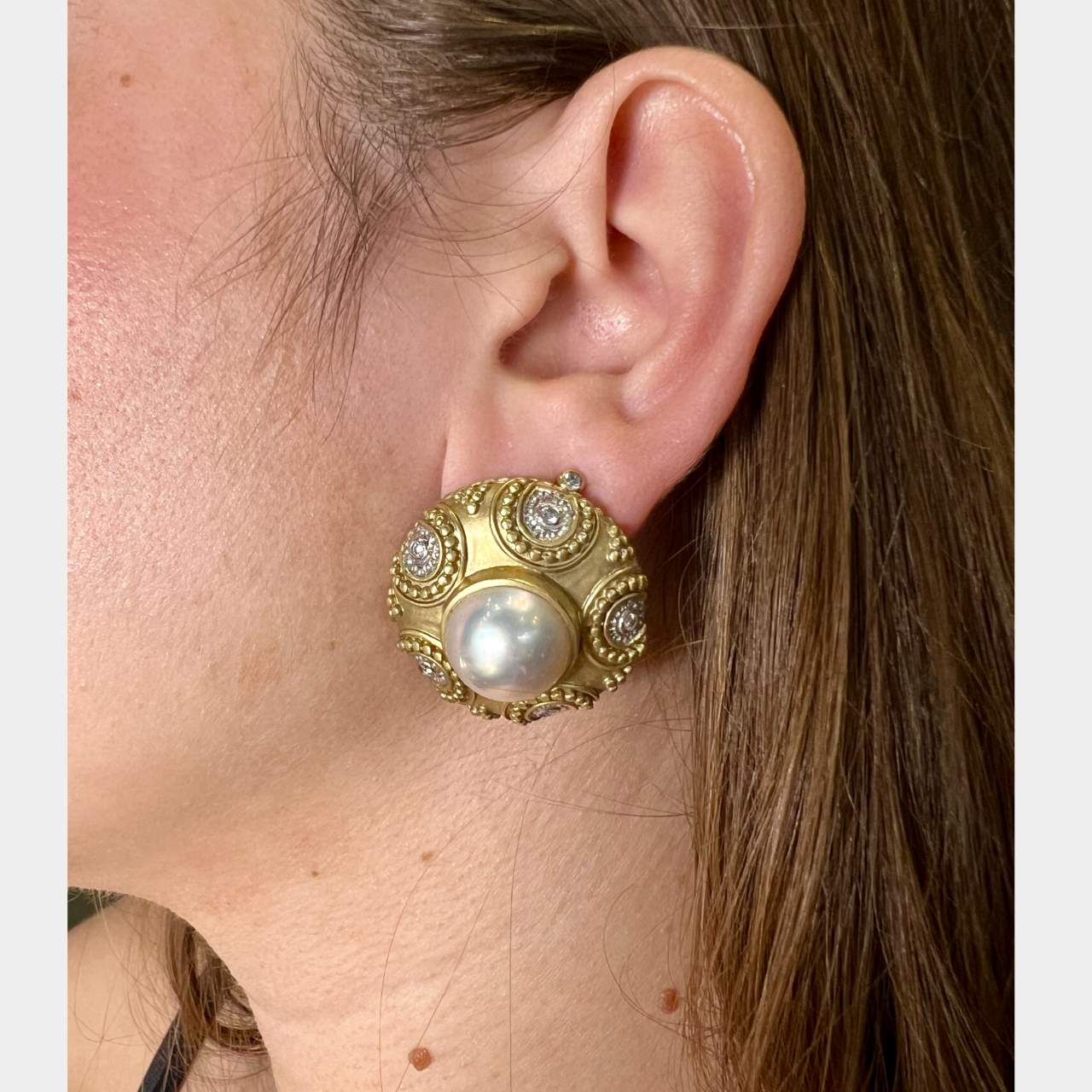 14K Yellow Gold Mabe Pearl & Diamond Earrings