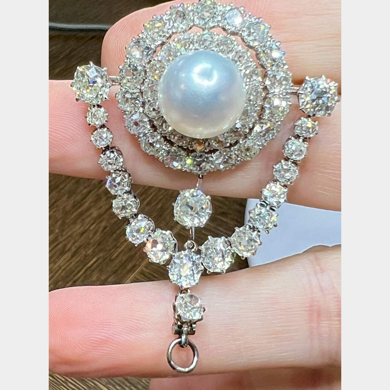 Belle Epoque Platinum Diamond & South Sea Pearl Brooch/Pendant