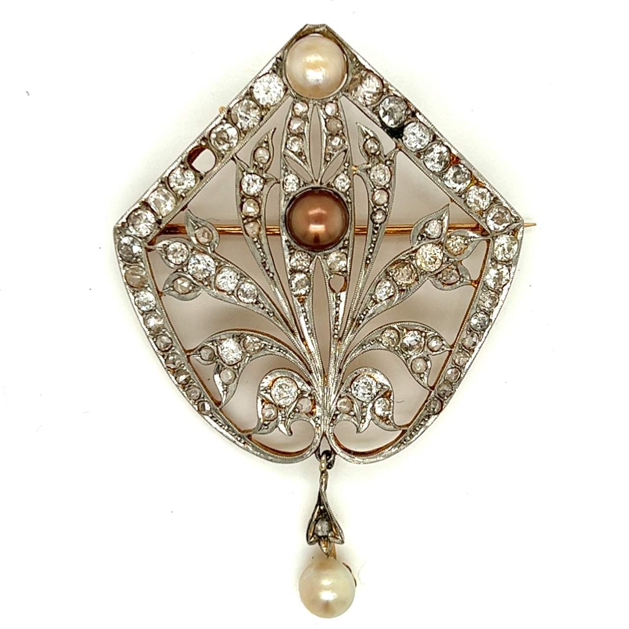 Victorian 18K & Platinum Natural Pearl and Diamond Brooch