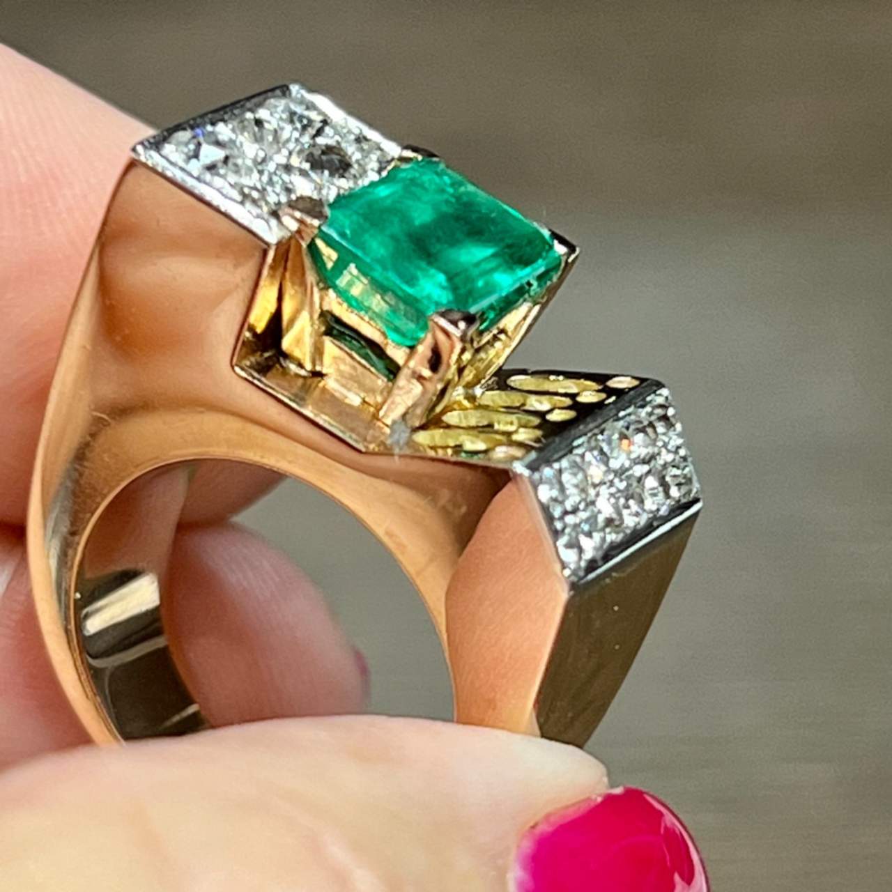 Retro 18K & Platinum Top Emerald and Diamond Ring