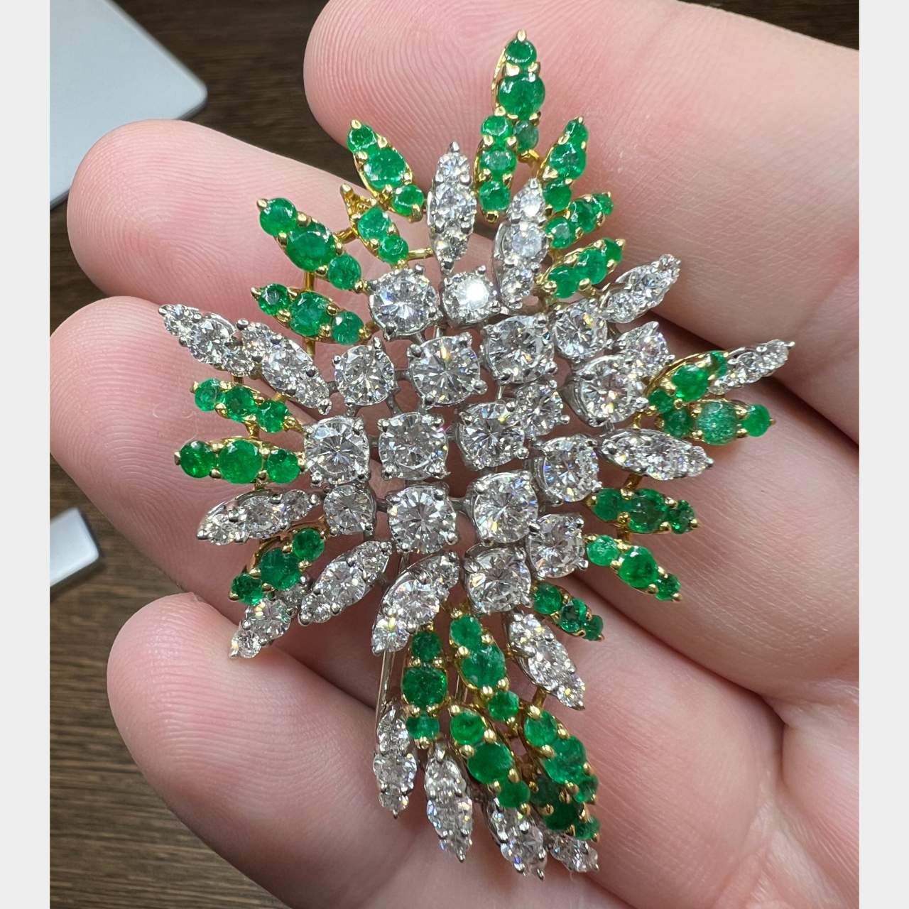 18K Yellow Gold & Platinum Diamond and Emerald Brooch