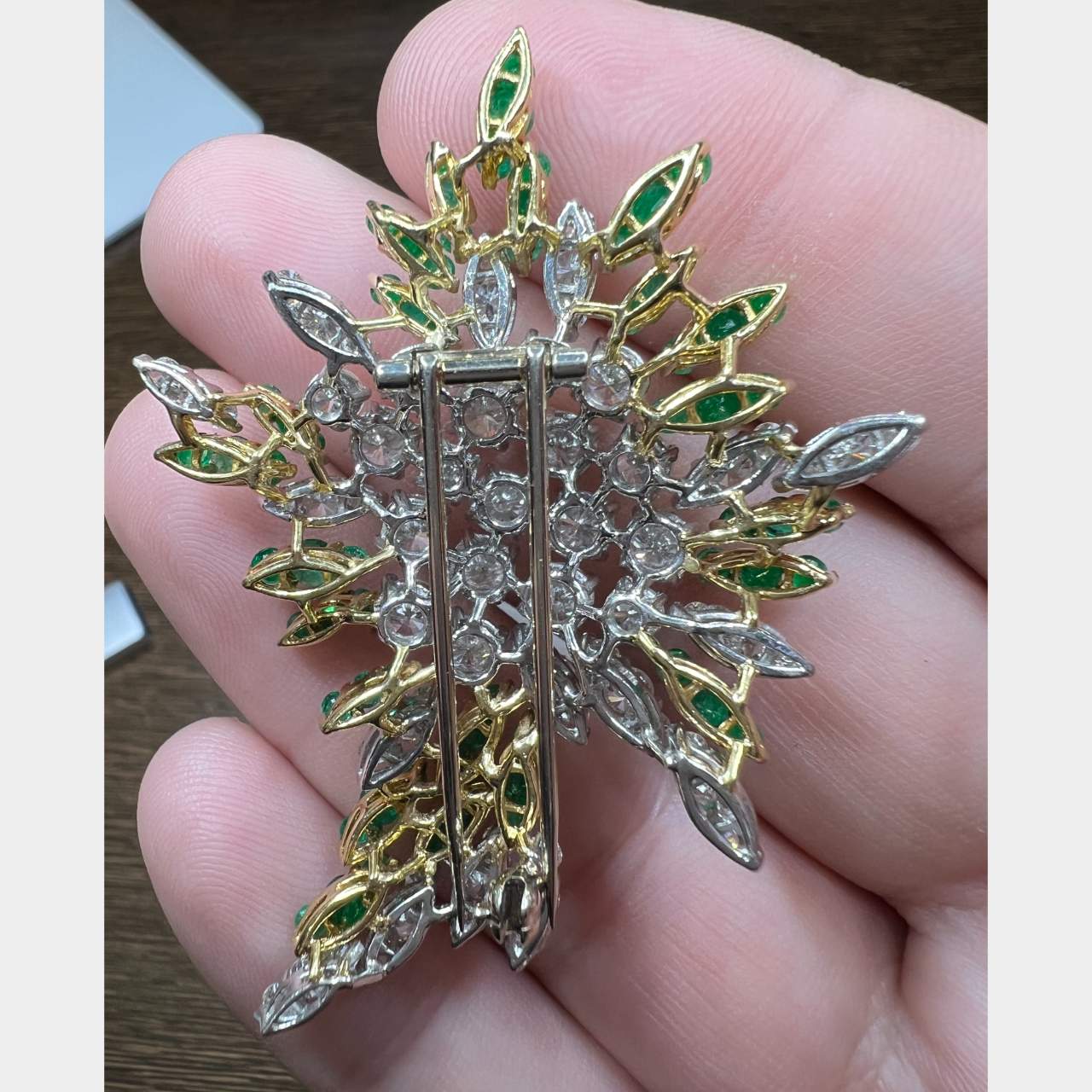 18K Yellow Gold & Platinum Diamond and Emerald Brooch