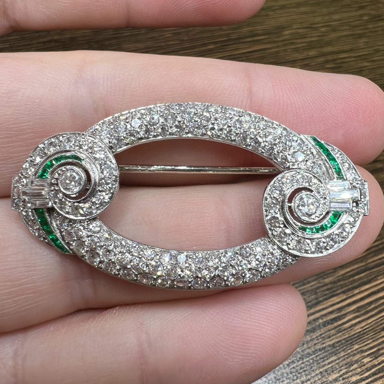 Art Deco Platinum Diamond & Emerald Brooch