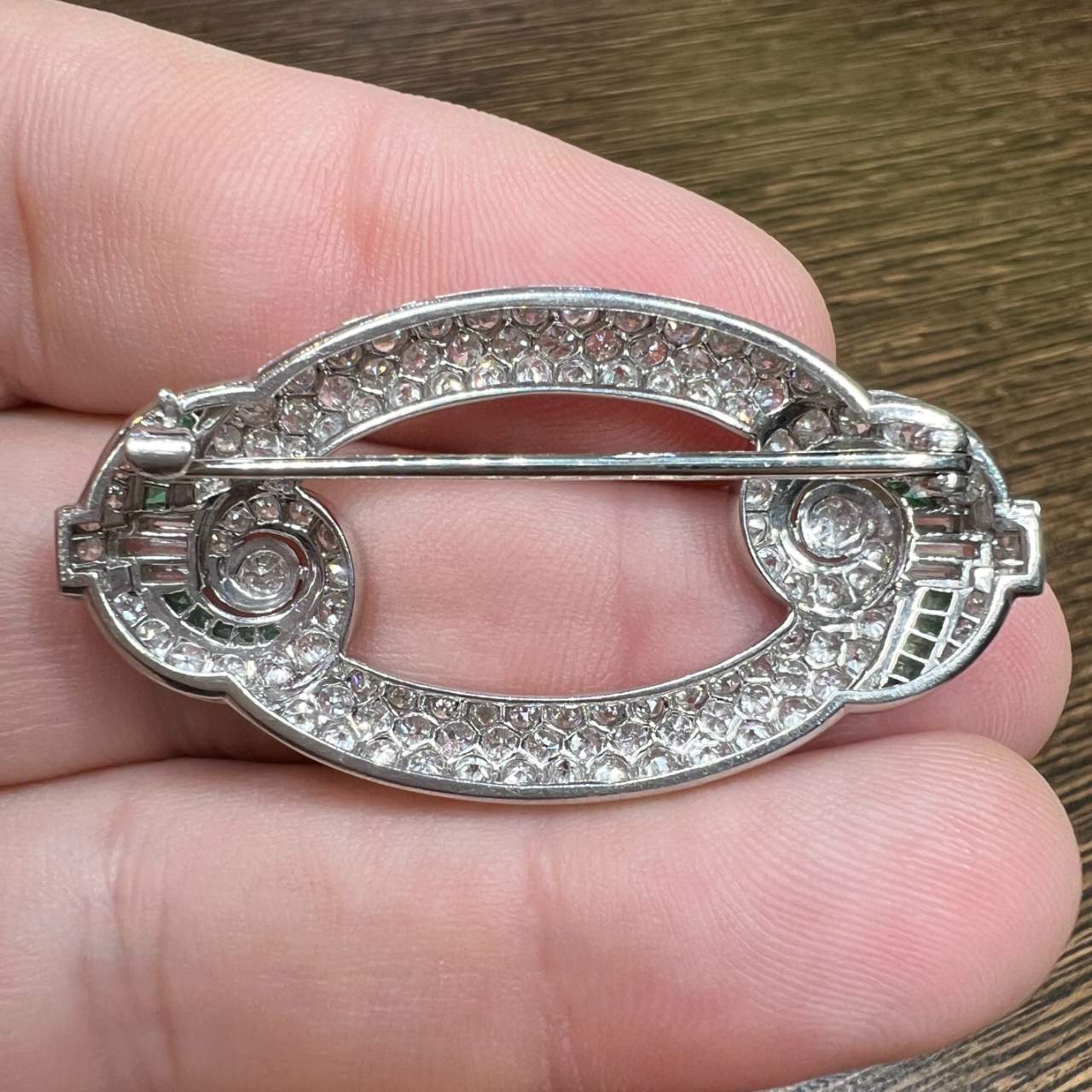 Art Deco Platinum Diamond & Emerald Brooch