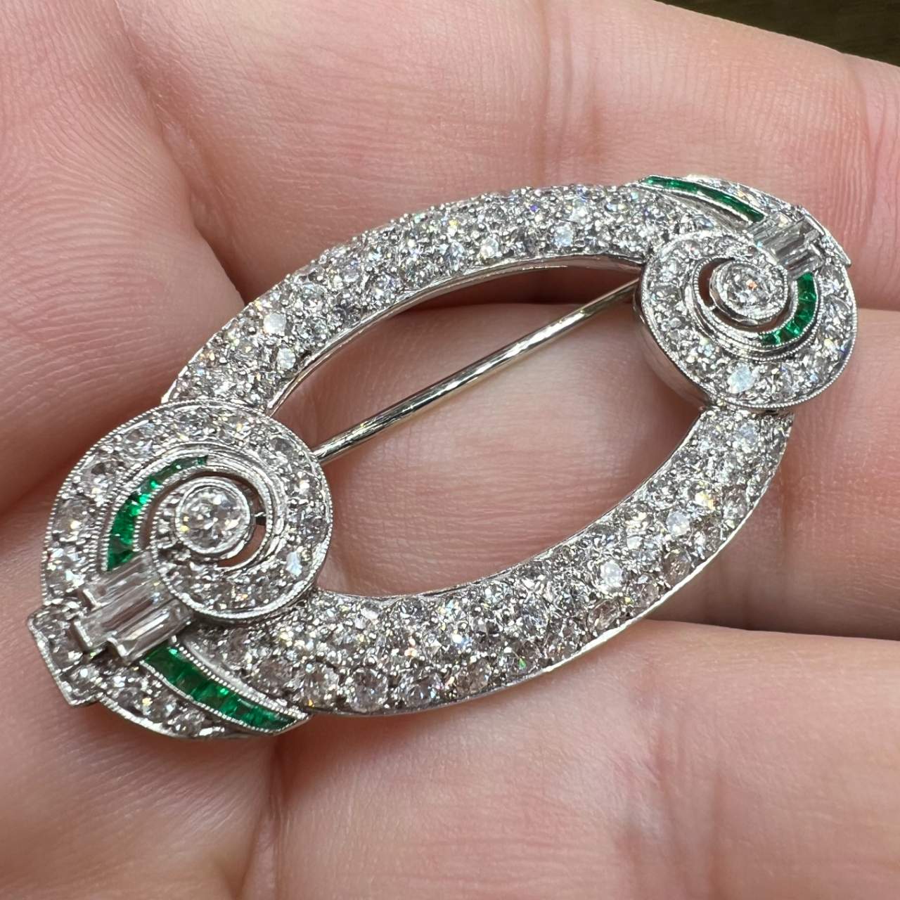 Art Deco Platinum Diamond & Emerald Brooch