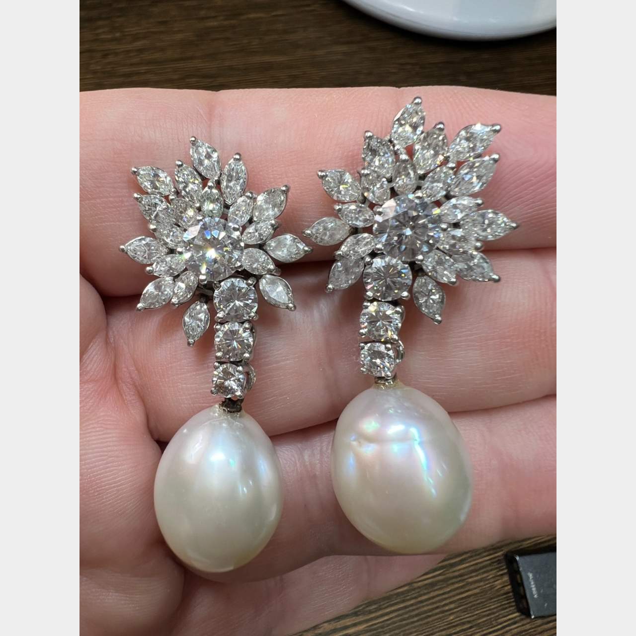 Platinum 10.10 Ct. Diamond and South Sea Pearl Earrings