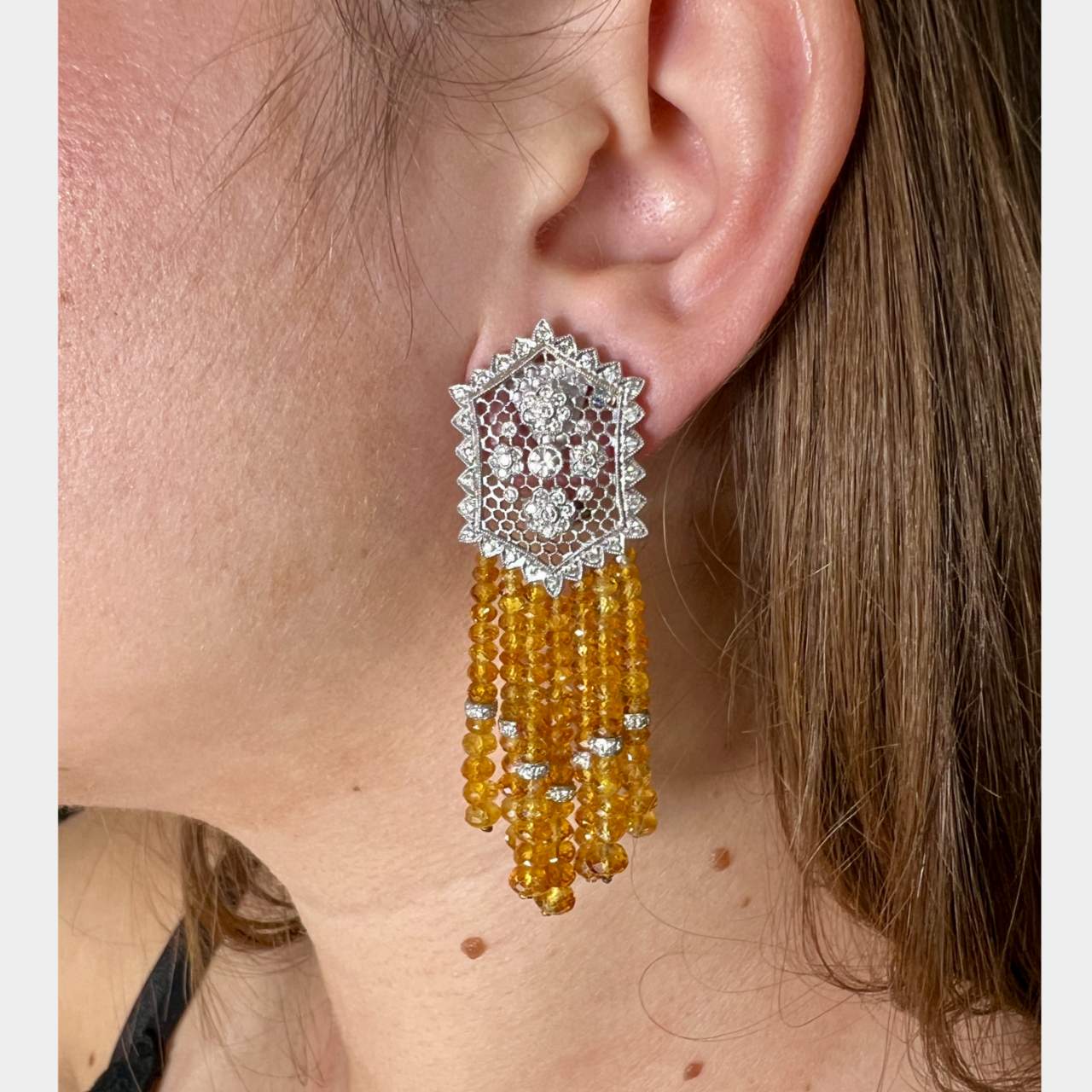 18K White Gold Diamond & Yellow Sapphire Chandelier Earrings
