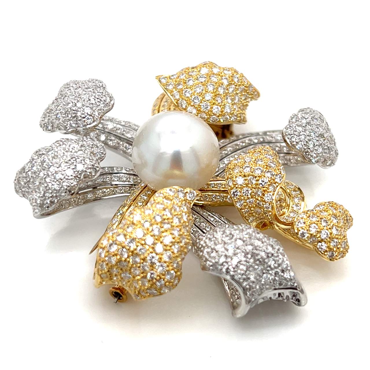 18K Yellow & White Gold South Sea Pearl and Diamond Brooch