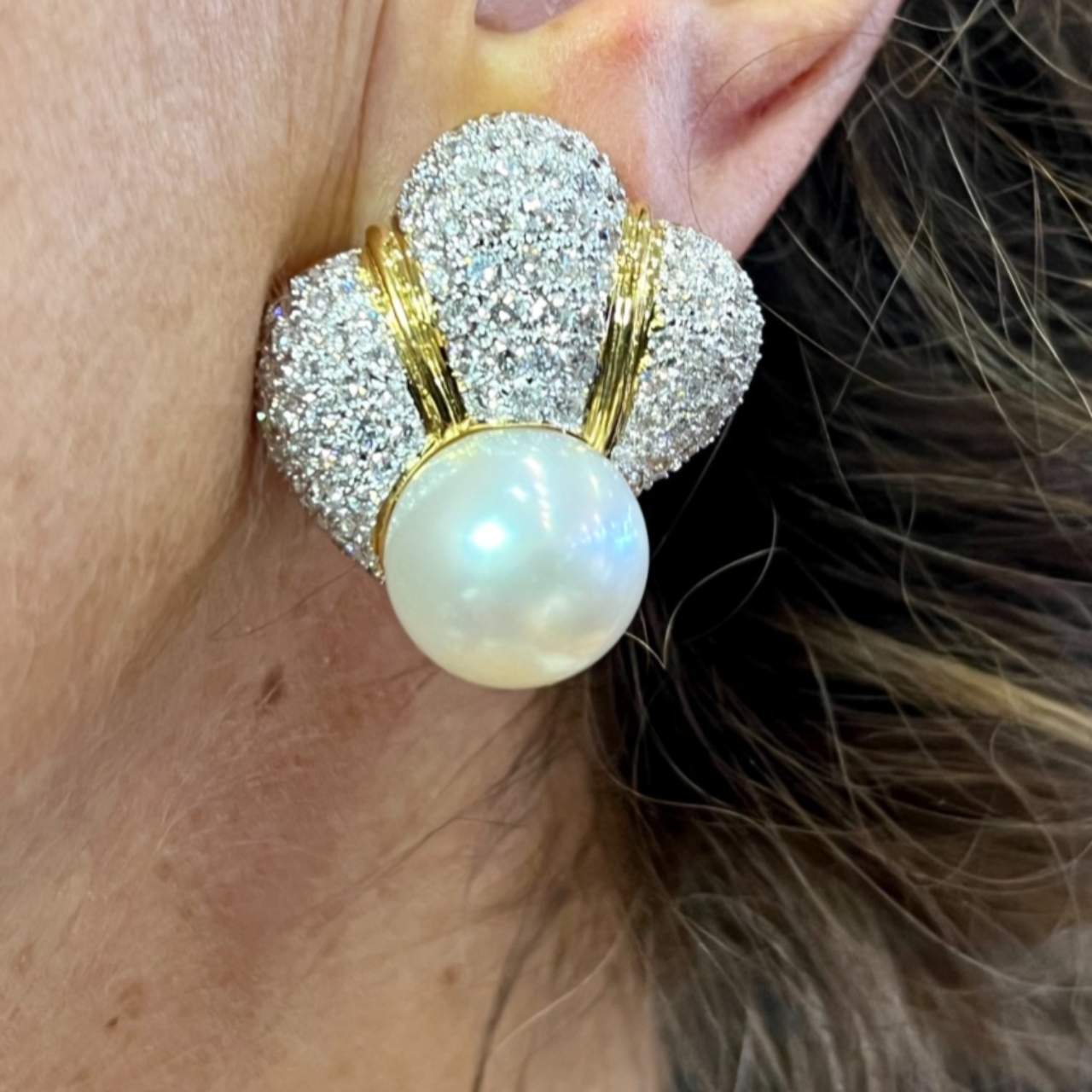 18K Yellow Gold South Sea Pearl & Diamond Earrings